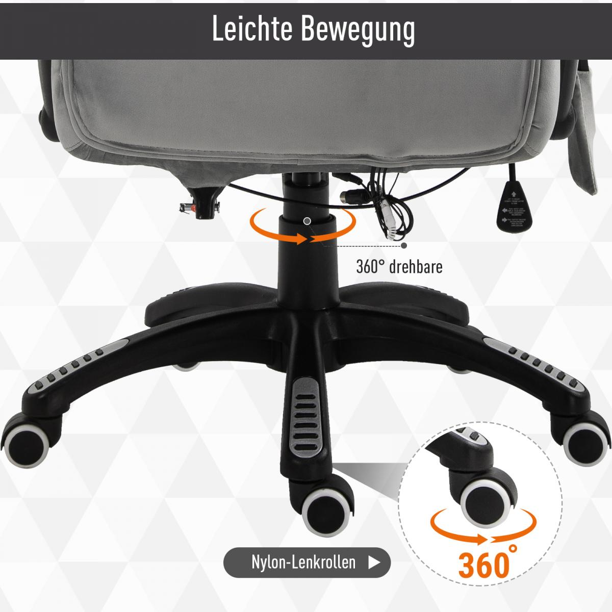 Ein Bürostuhl mit grauem Rücken und schwarzem Rahmen. Er hat Räder, eine 360-Grad-Drehfunktion und Nylonrollen.