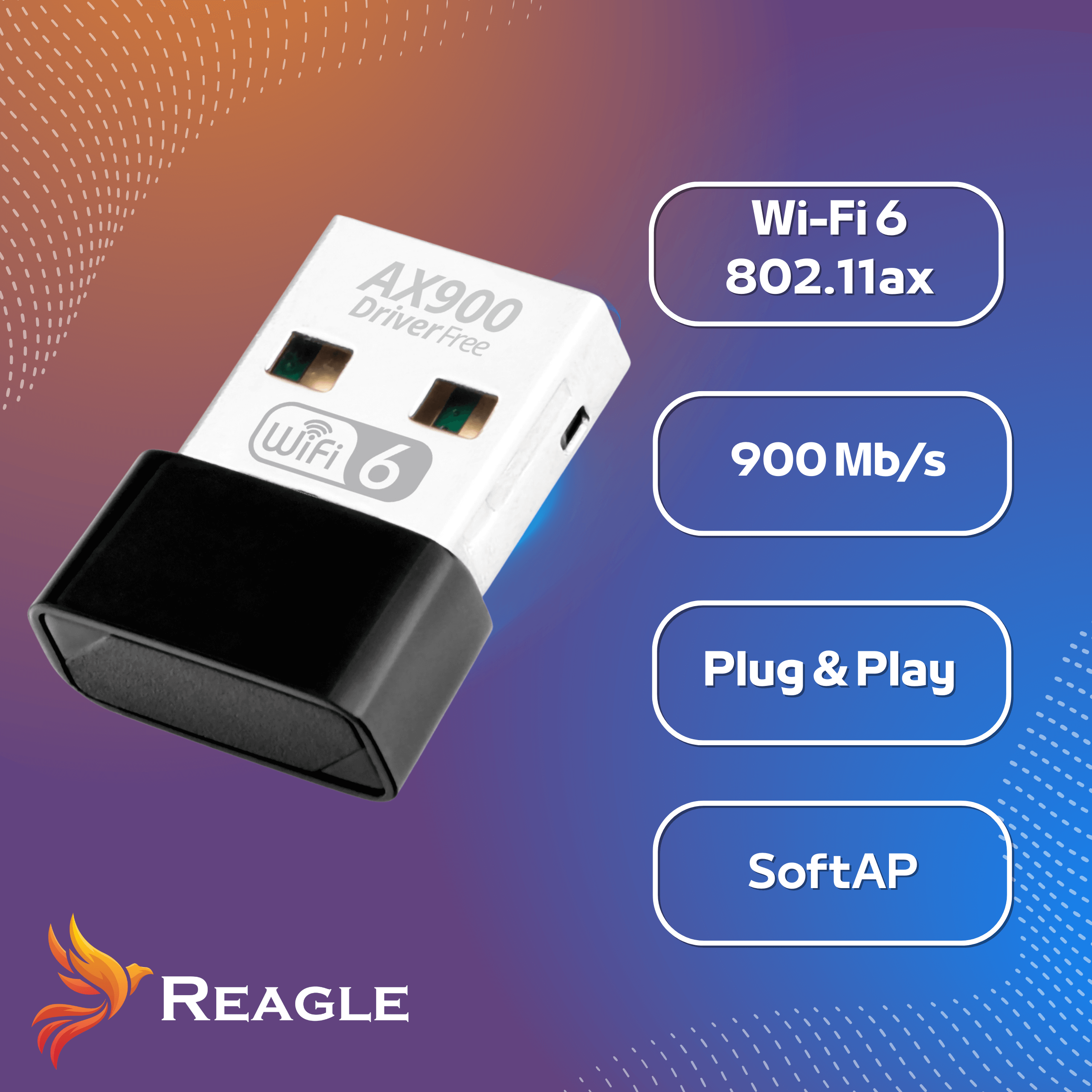 Ein weißer USB-WLAN-Adapter mit schwarzem Ende, Wi-Fi 6, 900 Mbit/s und Plug & Play. Das REAGLE-Logo befindet sich in der Ecke.