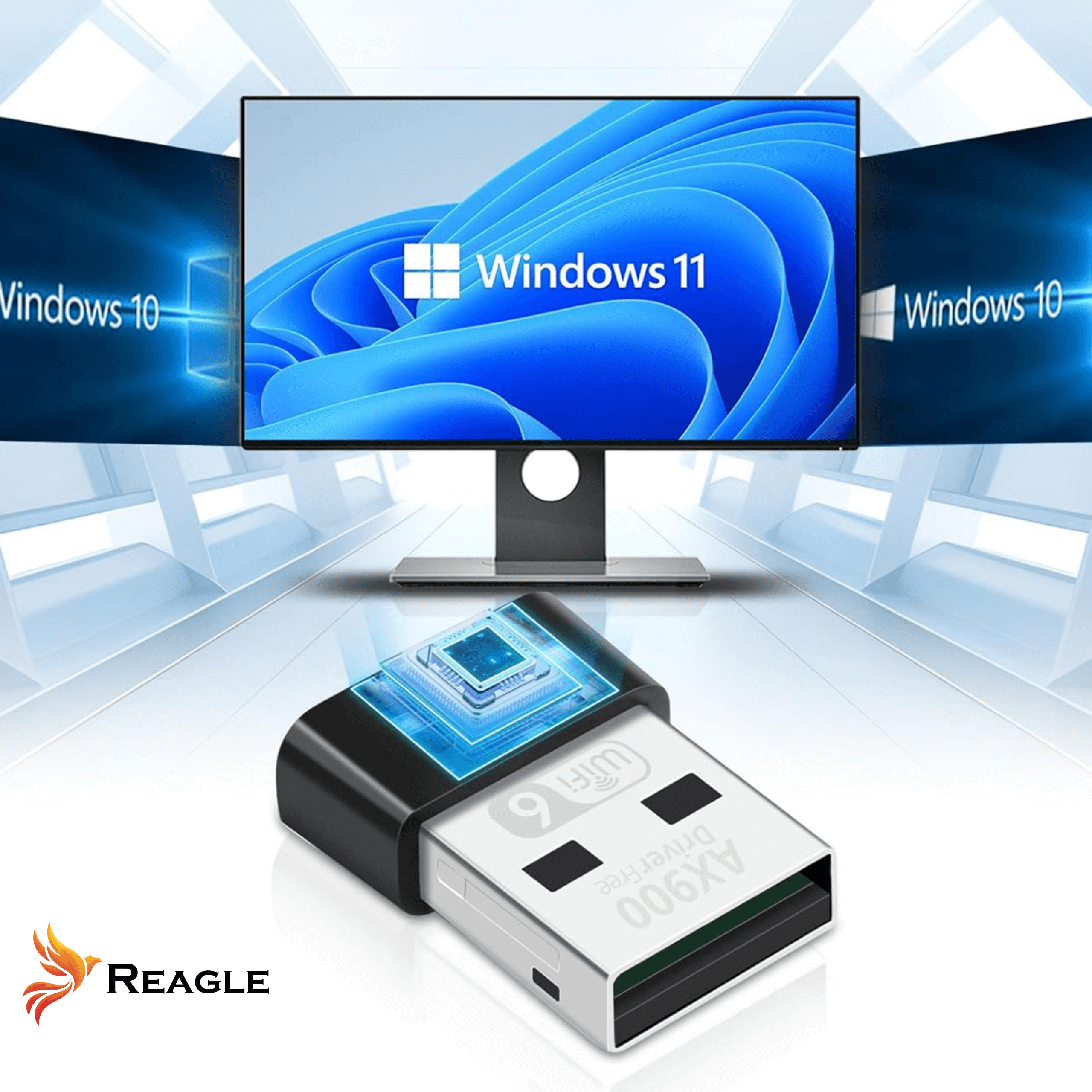 USB-WLAN-Adapter mit Computermonitoren, die Windows 11 und 10 anzeigen. Reagle-Logo unten links.