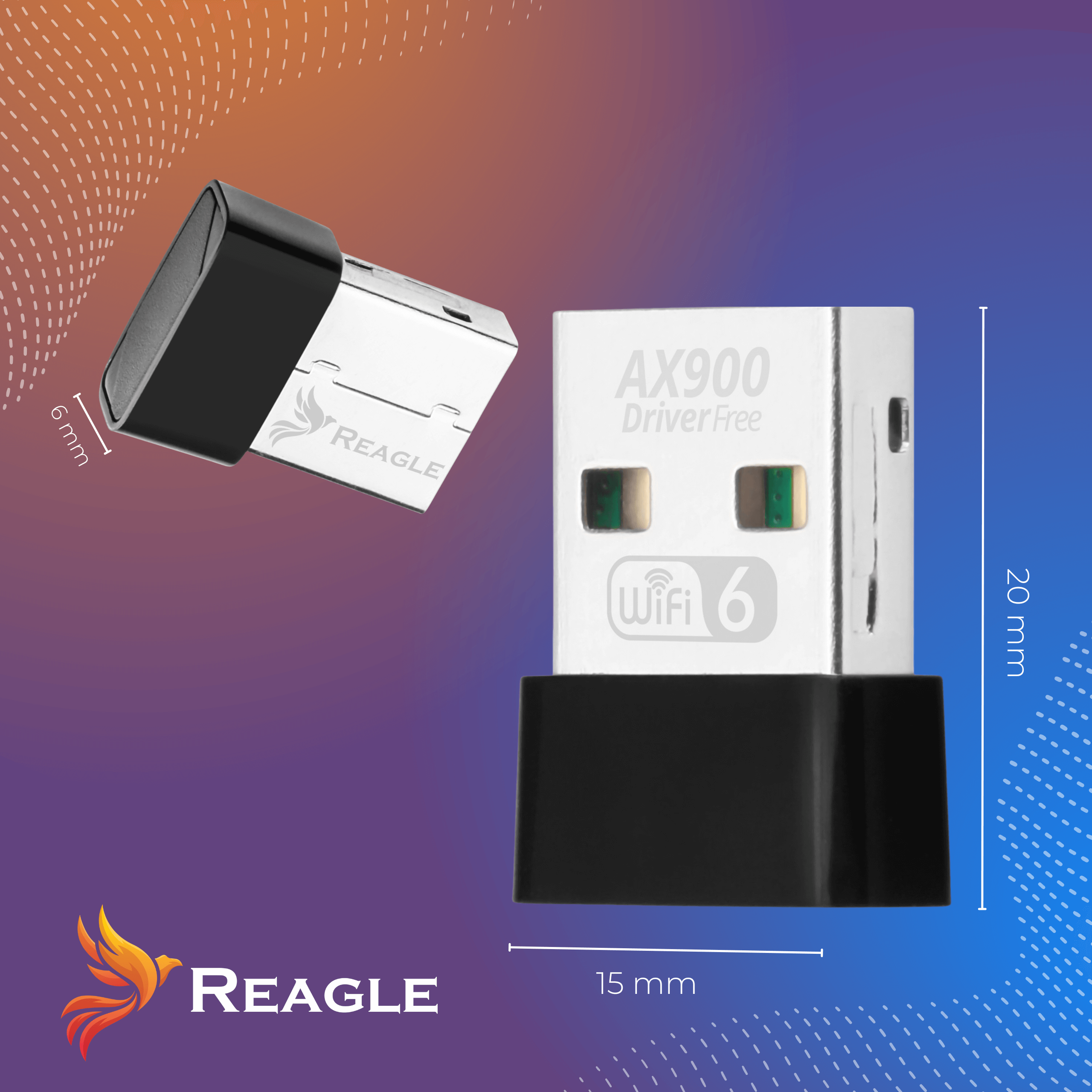 Ein Reagle AX900 WiFi 6 USB-Adapter. Das Gerät ist silber und schwarz mit beschrifteten Abmessungen. Der Hintergrund ist ein Farbverlauf.