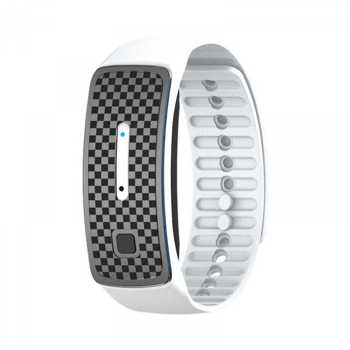 Weiße Smartwatch mit kariertem Zifferblatt und weißem Armband. Das Zifferblatt hat einen blauen Punkt und eine schwarze Taste unten.