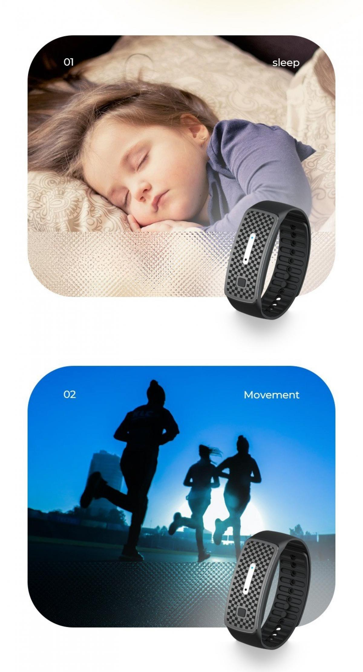 Ein Kind schläft, ein Fitness-Tracker liegt daneben. Menschen laufen in Silhouette, ein weiterer Tracker im Vordergrund.