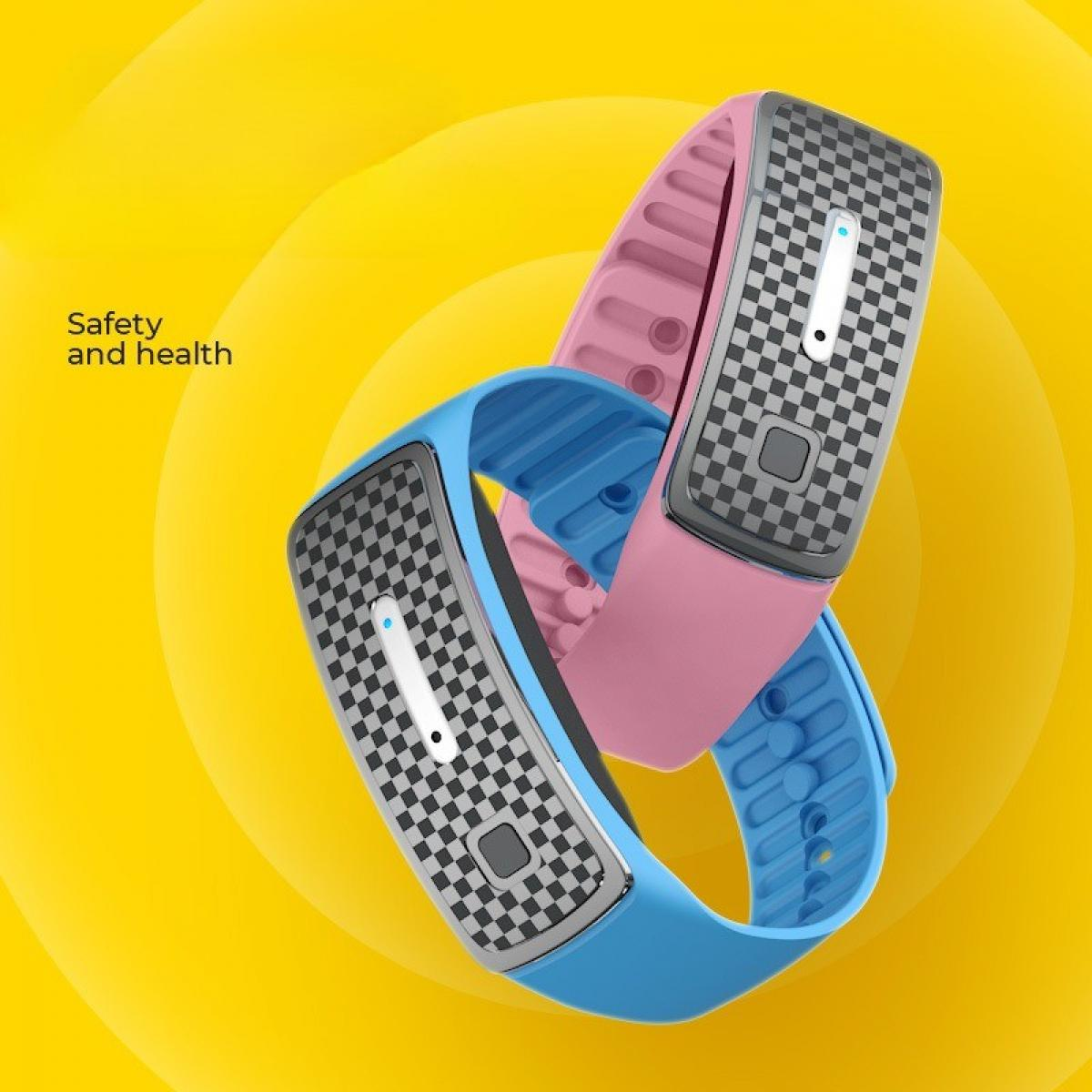Zwei Smartbands, blau und rosa, auf gelbem Hintergrund. Die Bänder haben karierte Bildschirme und sind mit 'Sicherheit und Gesundheit' beschriftet.