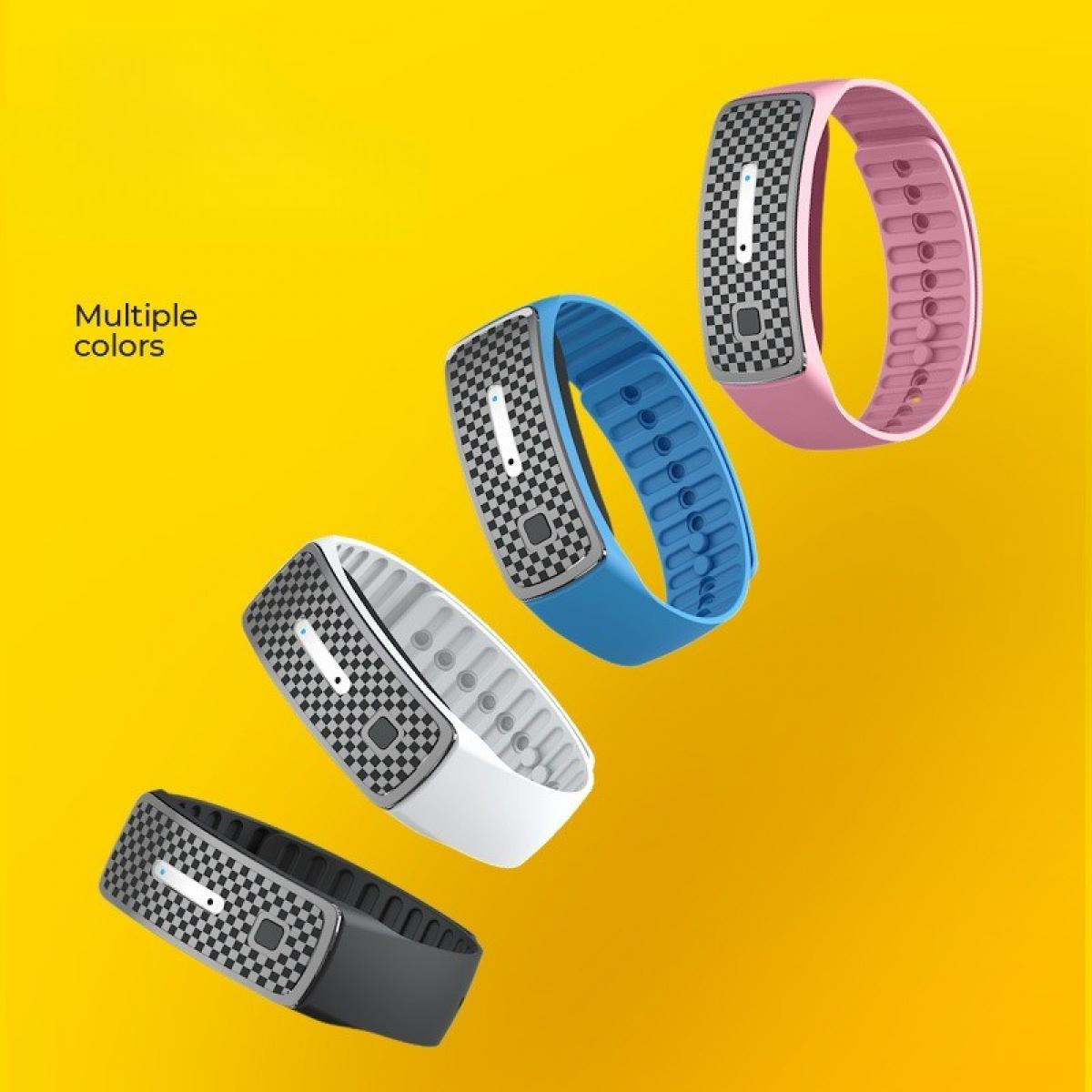 Vier Smartbands in Pink, Blau, Weiß und Schwarz. Jedes Band hat ein kariertes Display. Gelber Hintergrund.