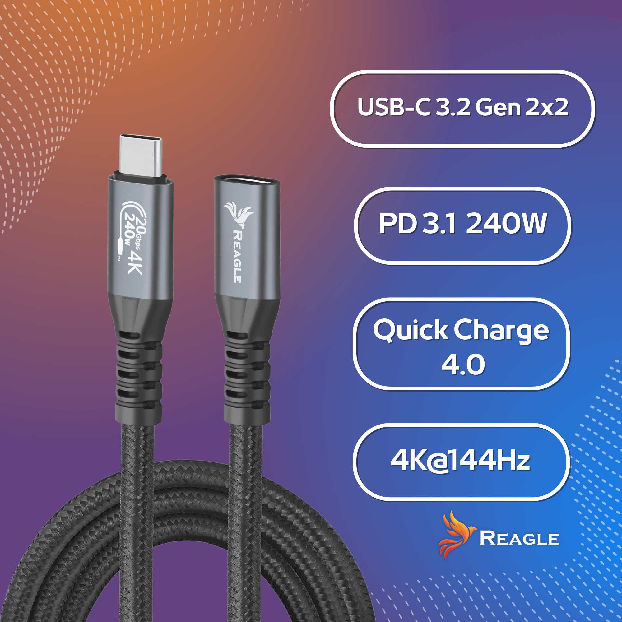 Czarny kabel USB-C z szarymi złączami, etykiety tekstowe wskazują funkcje takie jak 4K, 240W i Quick Charge 4.0. Marka to Reagle.