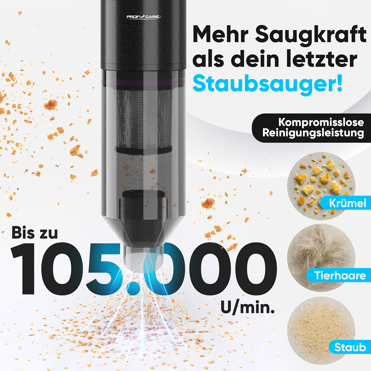 Un aspirapolvere con il testo 'Mehr Saugkraft'. Illustrazioni mostrano briciole, peli di animali e polvere. L'aspirapolvere ha 105.000 U/min.