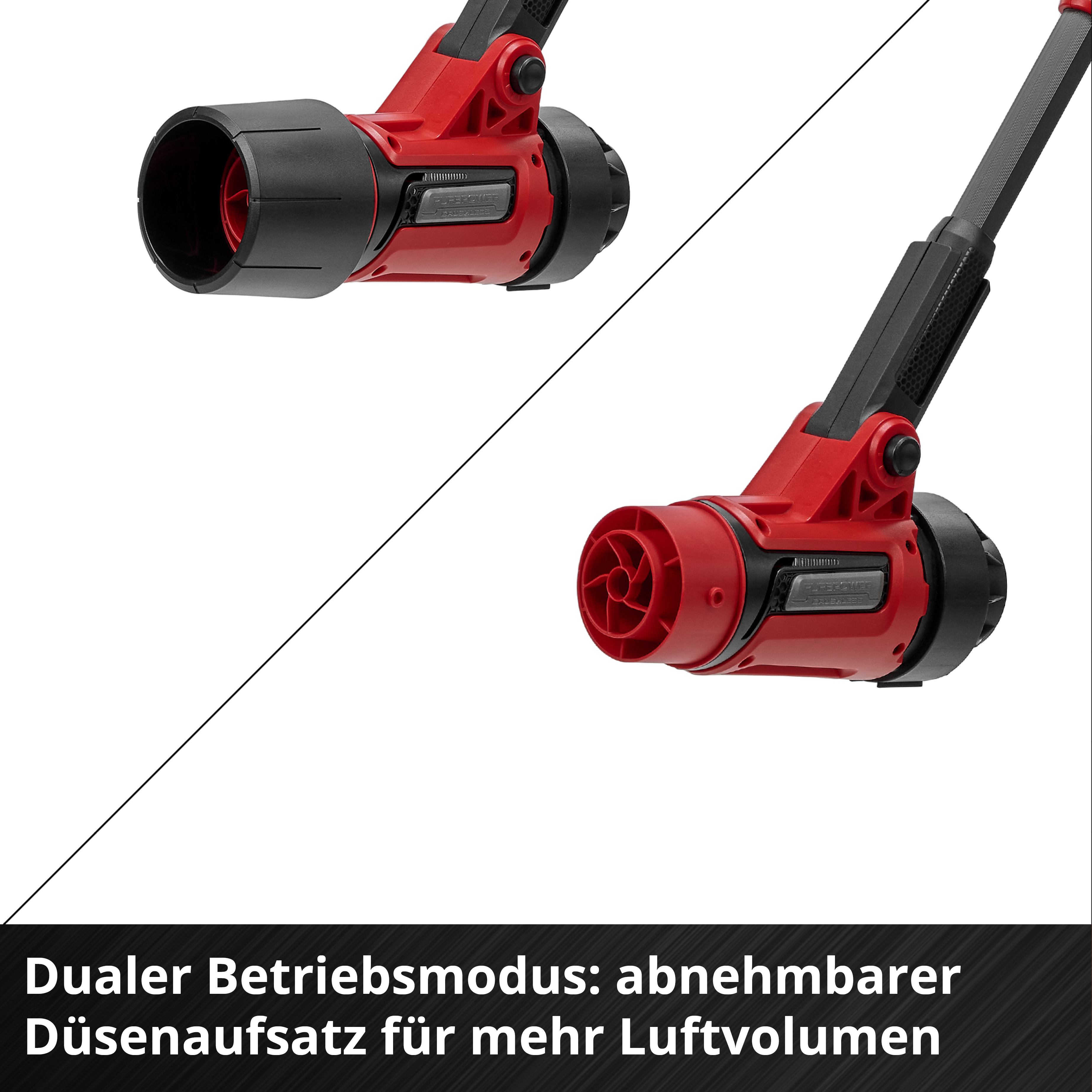 Deux outils électriques rouges et noirs sur fond blanc. Texte en bas : Mode double, buse amovible pour plus de volume d'air.