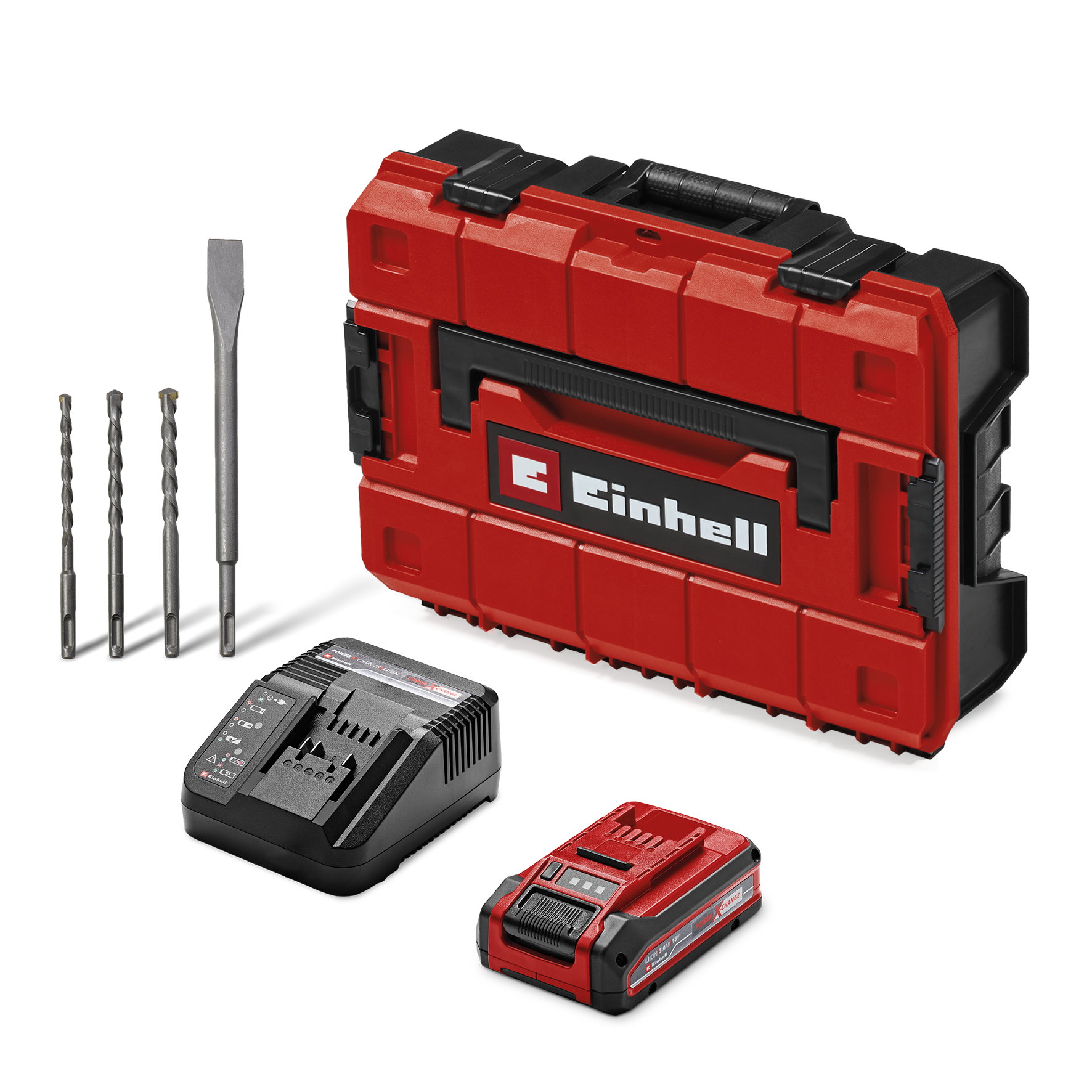 Eine rot-schwarze Einhell-Werkzeugkiste, Bohrer, ein Batterieladegerät, ein Akku und ein Meißel werden auf weißem Hintergrund angezeigt.