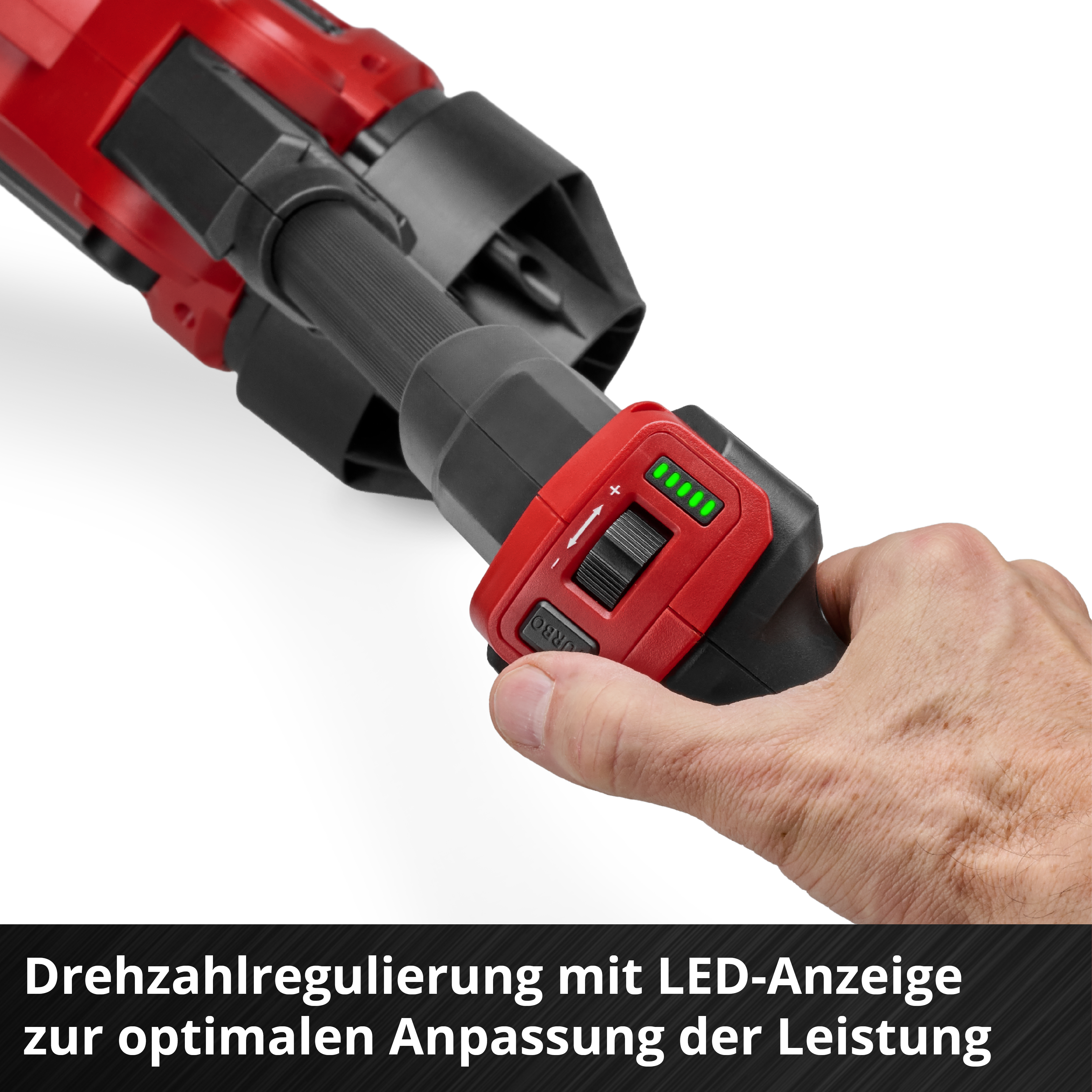 Une main tient un outil électrique rouge et noir. Des LED vertes sont allumées. Le texte dit 'Contrôle de vitesse avec affichage LED'.