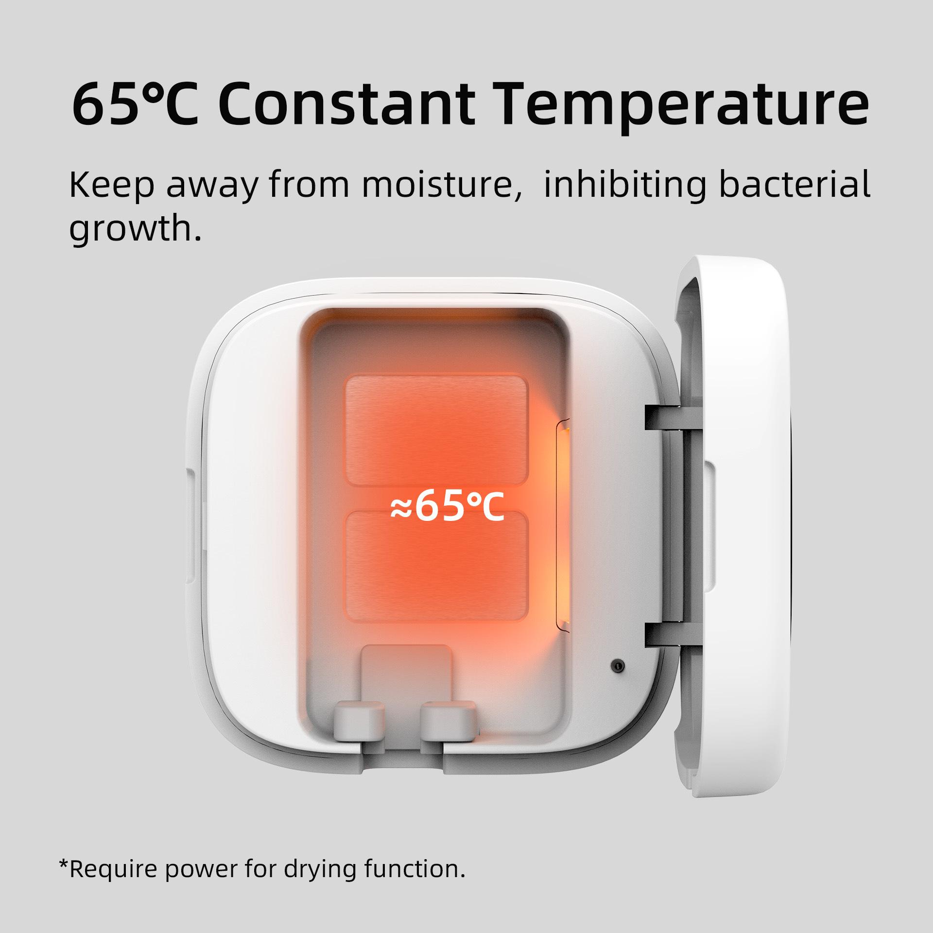 Weißes Gerät mit Heizelement, zeigt 65°C. Text: konstante Temperatur zur Hemmung des Bakterienwachstums.