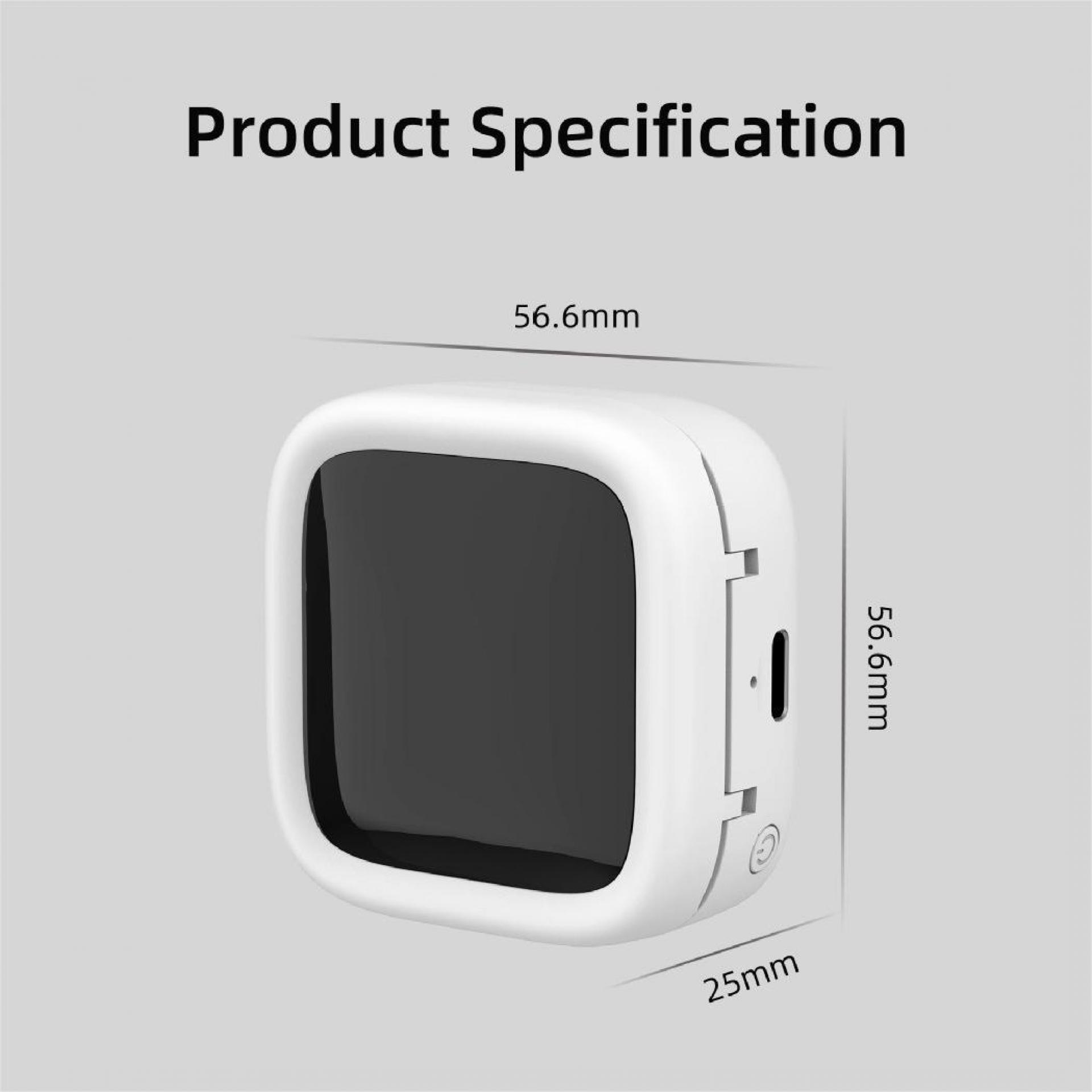 Ein weißes quadratisches Gerät mit schwarzem Bildschirm, Spezifikationen beschriftet. Abmessungen: 56,6 mm, 25 mm und 56,6 mm. Produktbeschreibung Text.