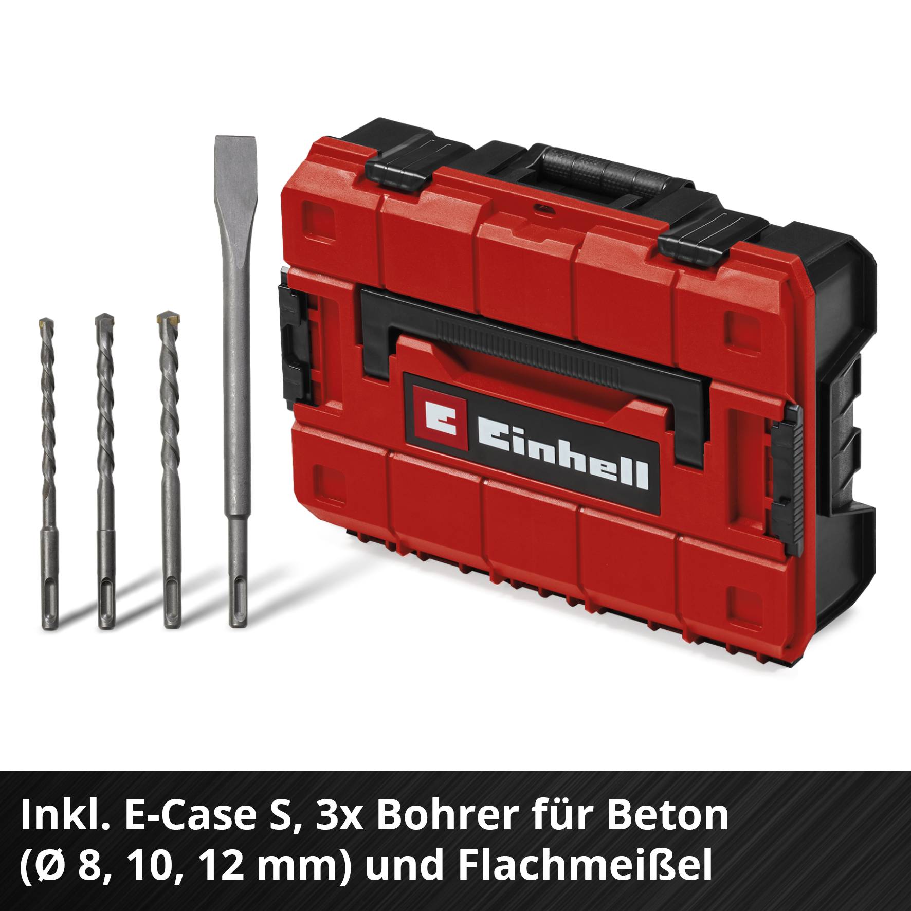 Ein roter Einhell-Werkzeugkoffer mit Bohrern und einem Meißel. Der Koffer ist im Hintergrund. Bohrer und Meißel sind im Vordergrund.