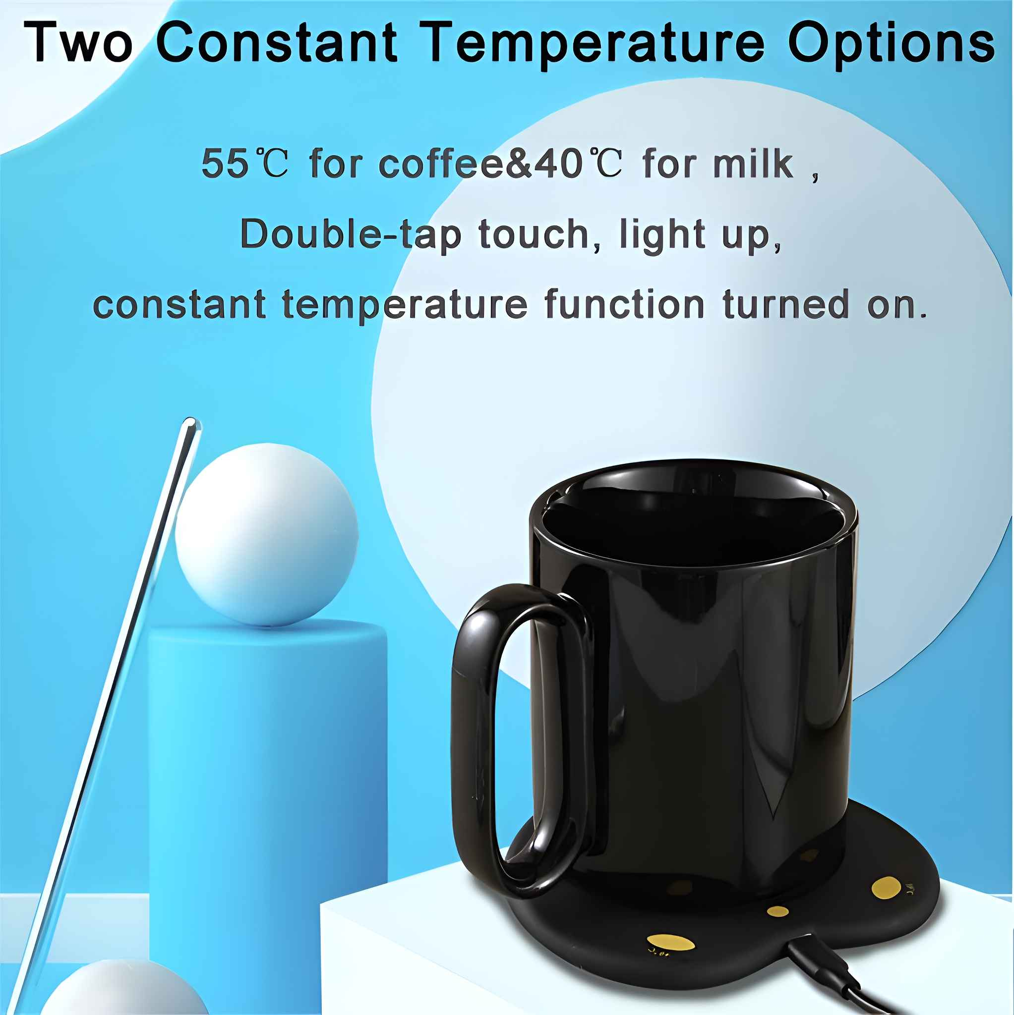 Eine schwarze Tasse steht auf einem schwarzen Wärmer. Text zeigt zwei Temperaturoptionen: 55 °C für Kaffee, 40 °C für Milch. Doppeltippen zum Aktivieren.