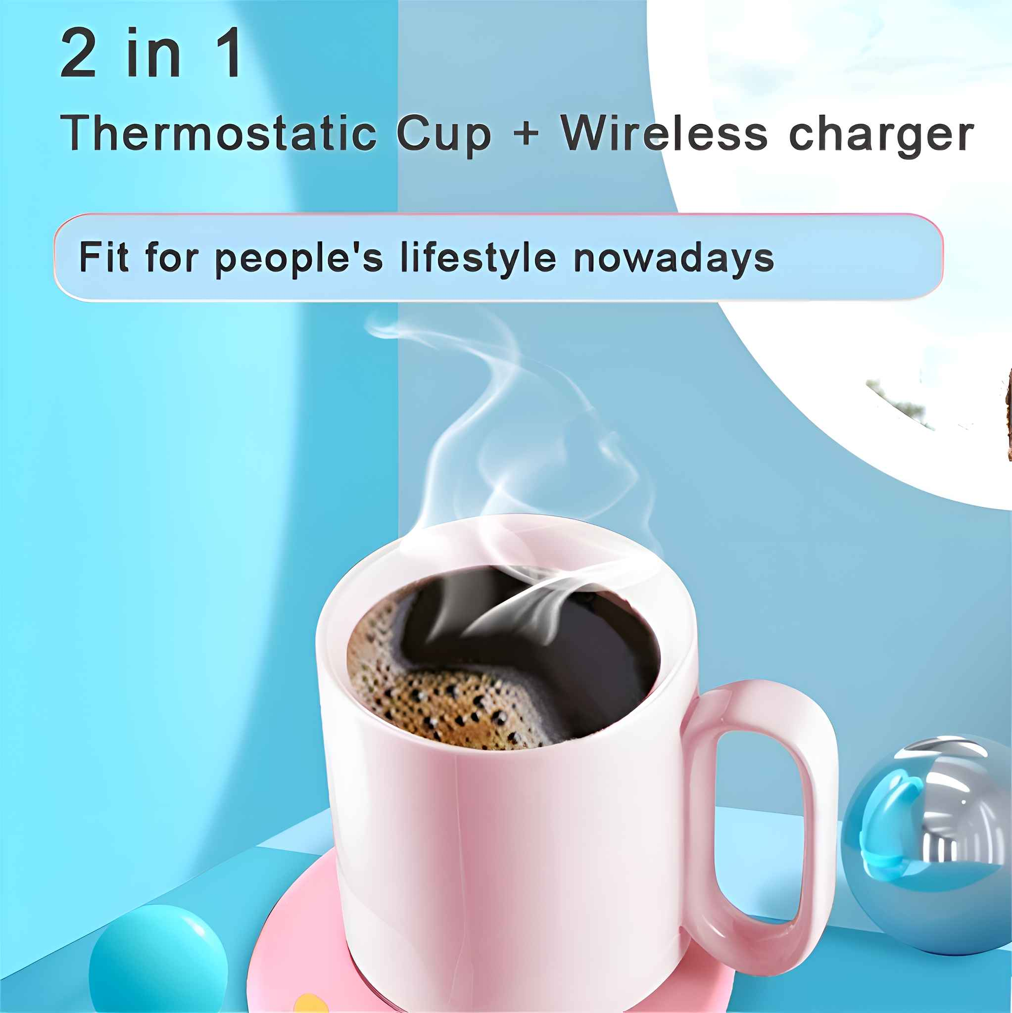 Eine rosafarbene Tasse mit Kaffee steht auf einem rosafarbenen Pad. Text sagt "2 in 1" und "Thermostatbecher + kabelloses Ladegerät".