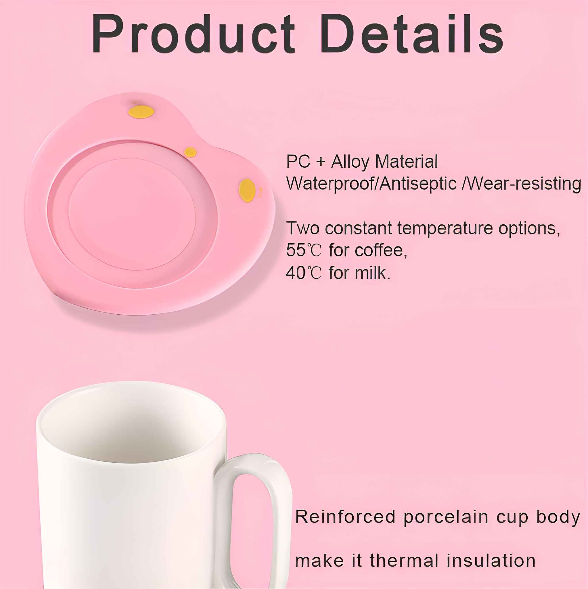 Rosa herzförmiger Wärmer mit gelben Akzenten und eine weiße Tasse auf rosa Hintergrund. Text beschreibt das Produkt und seine Eigenschaften.