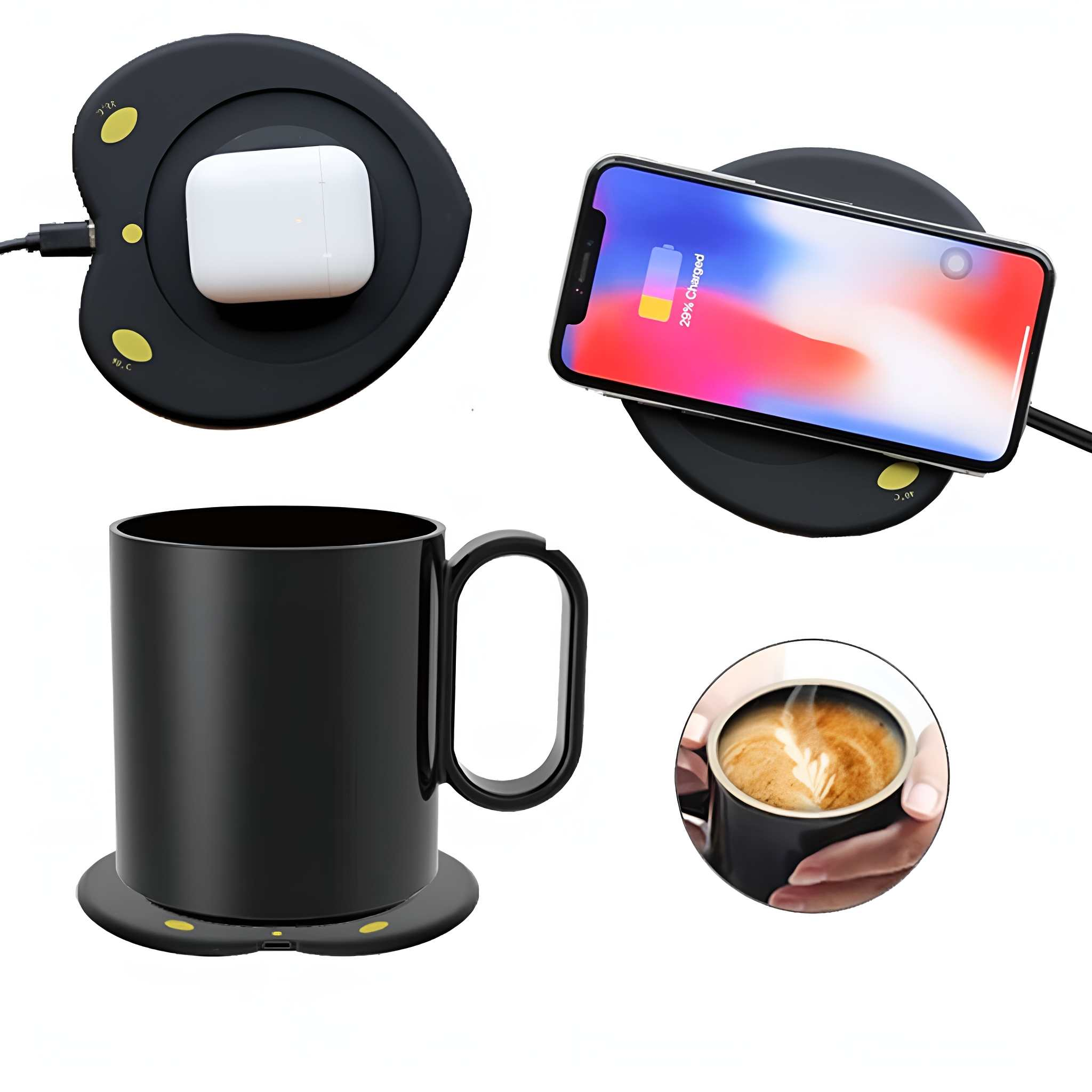 Das Bild zeigt ein kabelloses Ladegerät mit AirPods, ein ladendes Telefon, eine Tasse und eine Kaffeetasse, alles vor weißem Hintergrund.