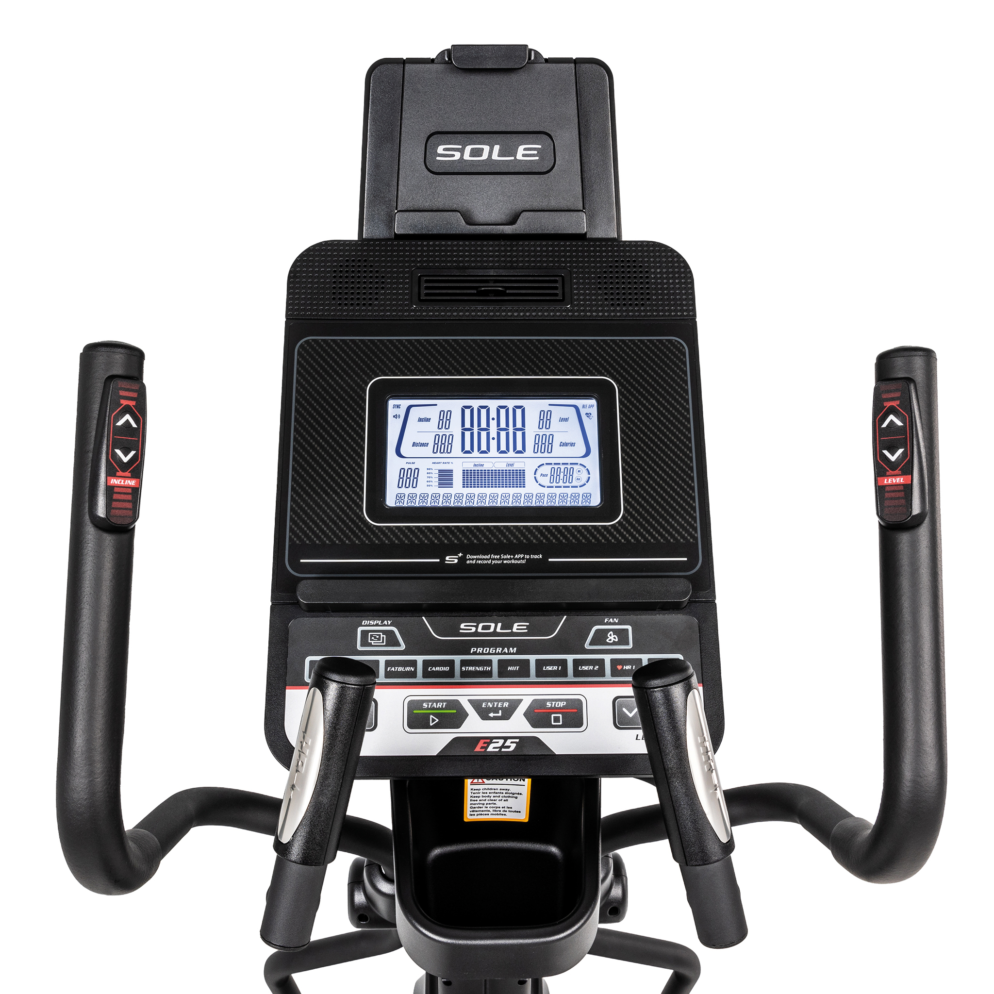 Ein Ellipsentrainer zeigt ein digitales Display mit Trainingsdaten. Es hat Griffe und eine Konsole mit Knöpfen, und die Marke ist Sole.