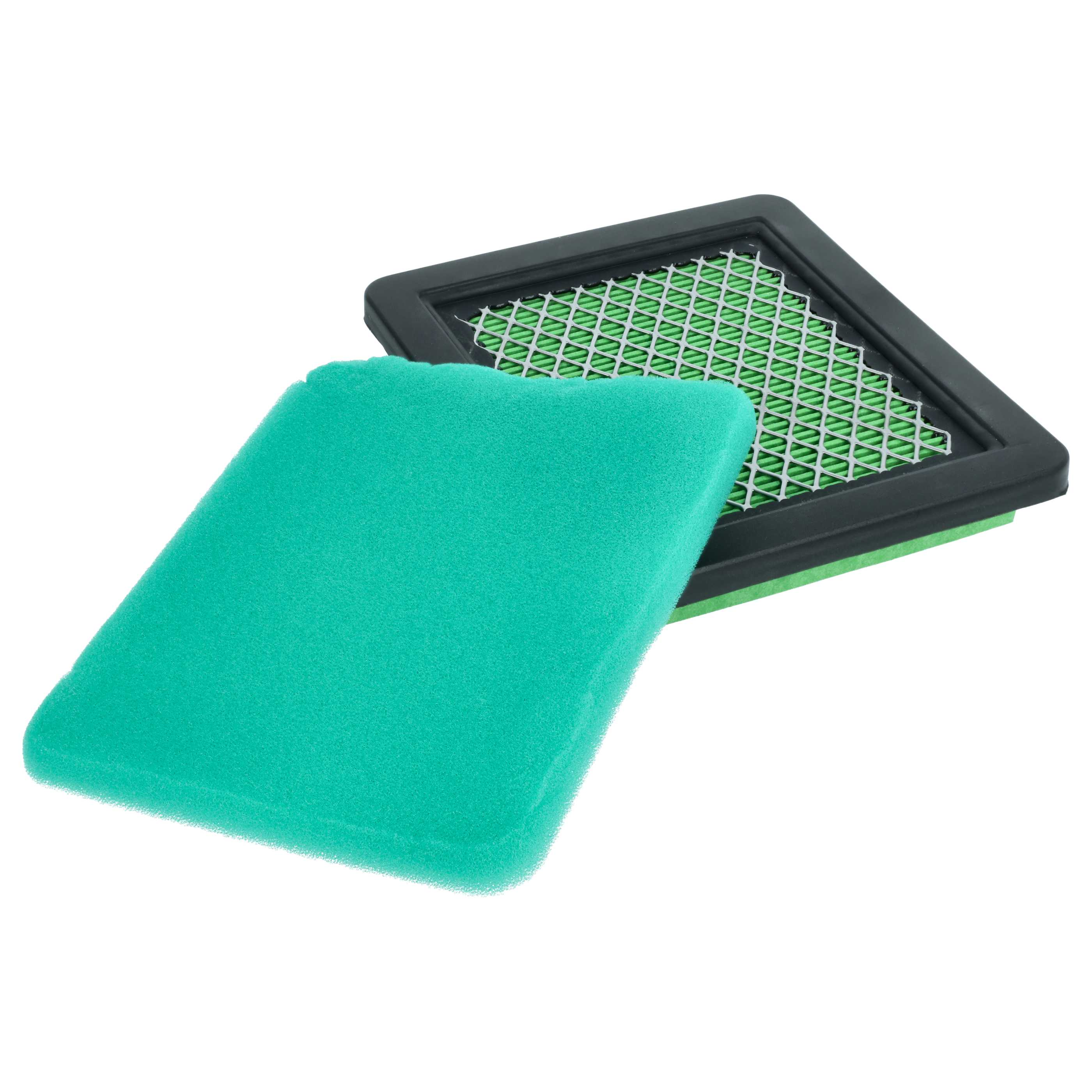 Eine Luftfilterbaugruppe. Ein grüner Schaumstofffilter liegt neben einem schwarz gerahmten Filter mit grünem Netz.