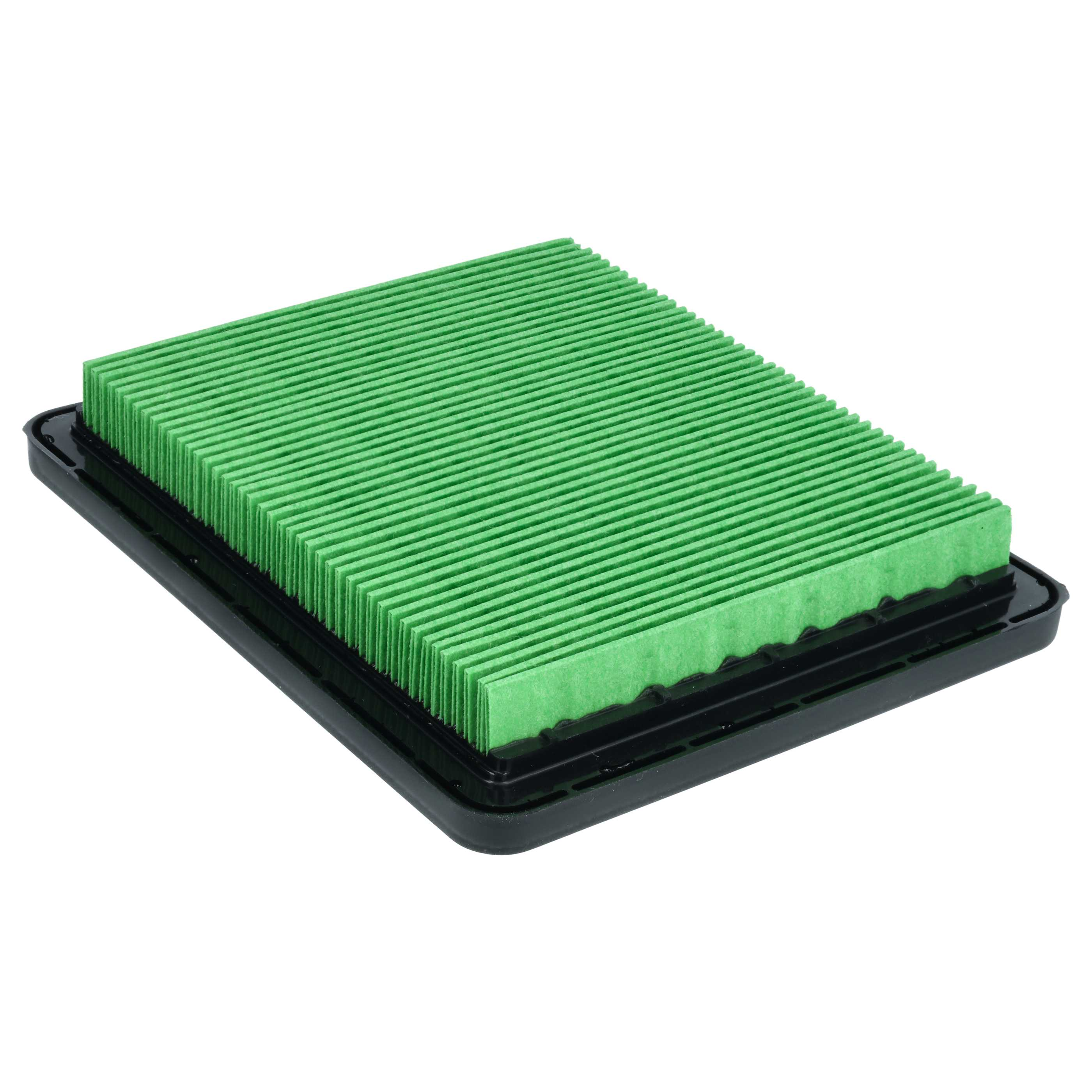 Grüner Luftfilter in einem schwarzen Rahmen, auf weißem Hintergrund. Filter ist ein rechteckiger Block mit grünen Rippen.