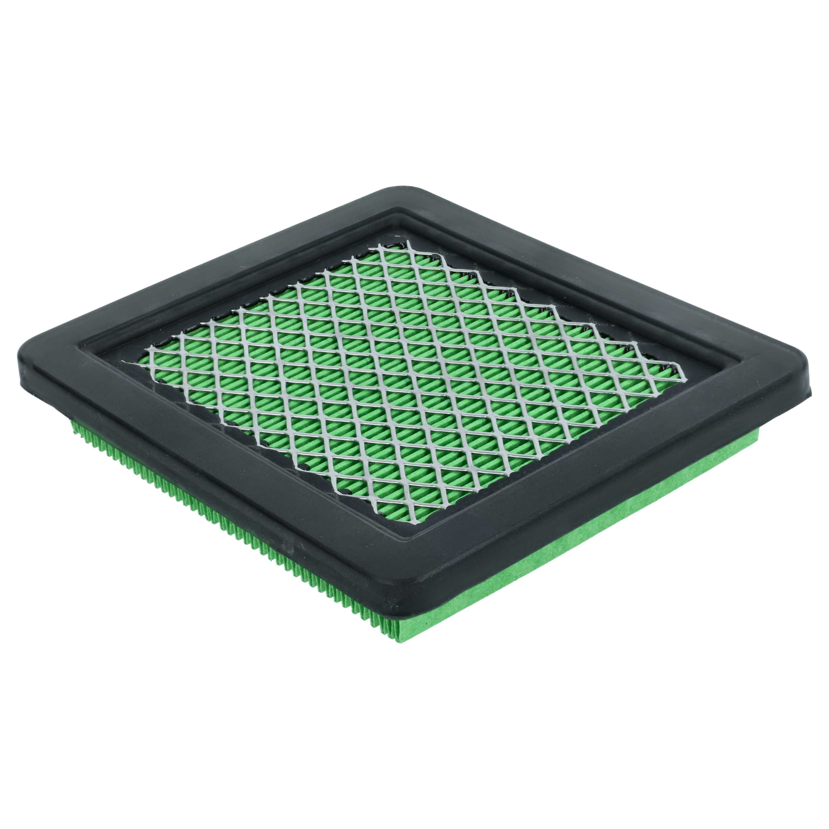 Ein Luftfilter mit schwarzem Rahmen und grünem Netz. Der Filter ist quadratisch und liegt auf weißem Grund.