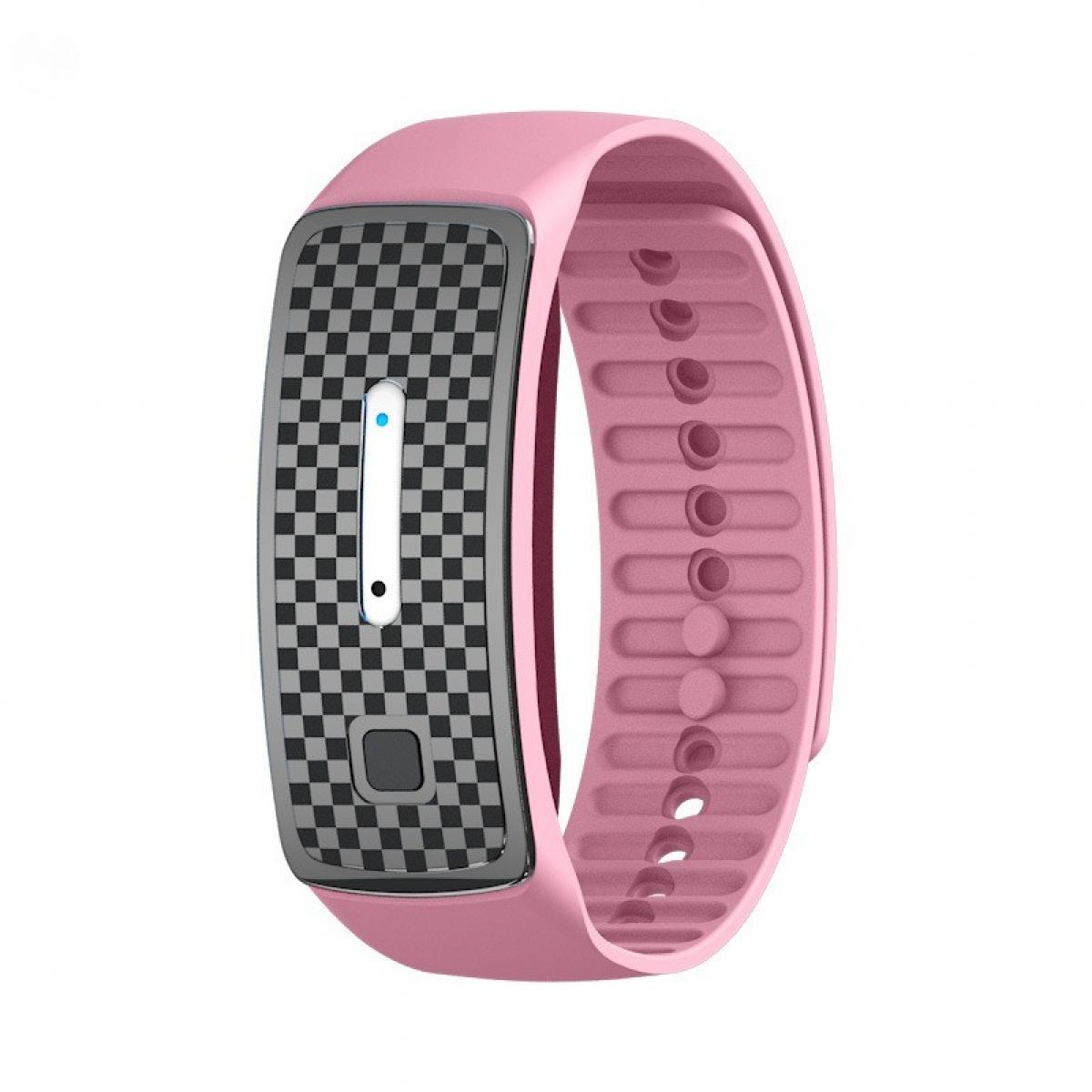 Ein pinkfarbener Fitnesstracker. Der Bildschirm hat ein Schachbrettmuster, eine Taste und eine weiße Linie. Das Band ist pink mit einer Reihe von Löchern.