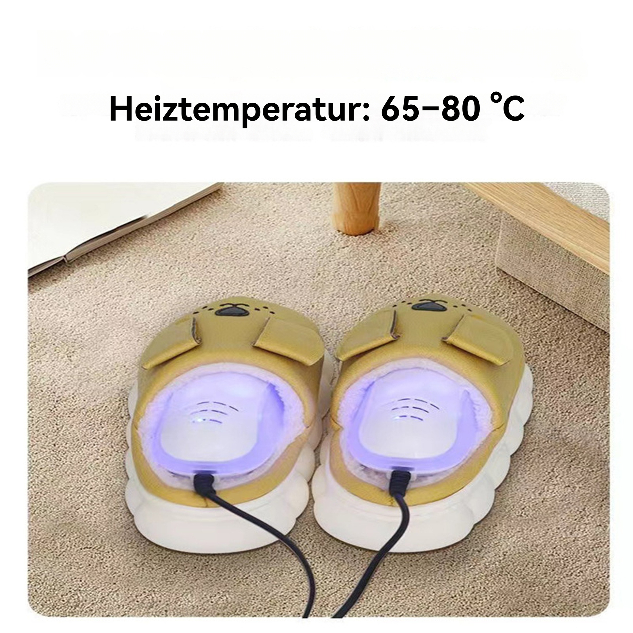 Zwei beheizte Hausschuhe mit blauem Licht im Inneren. Die Hausschuhe sind gelb und weiß, auf einem Teppich platziert. Der Text oben lautet 65-80°C.