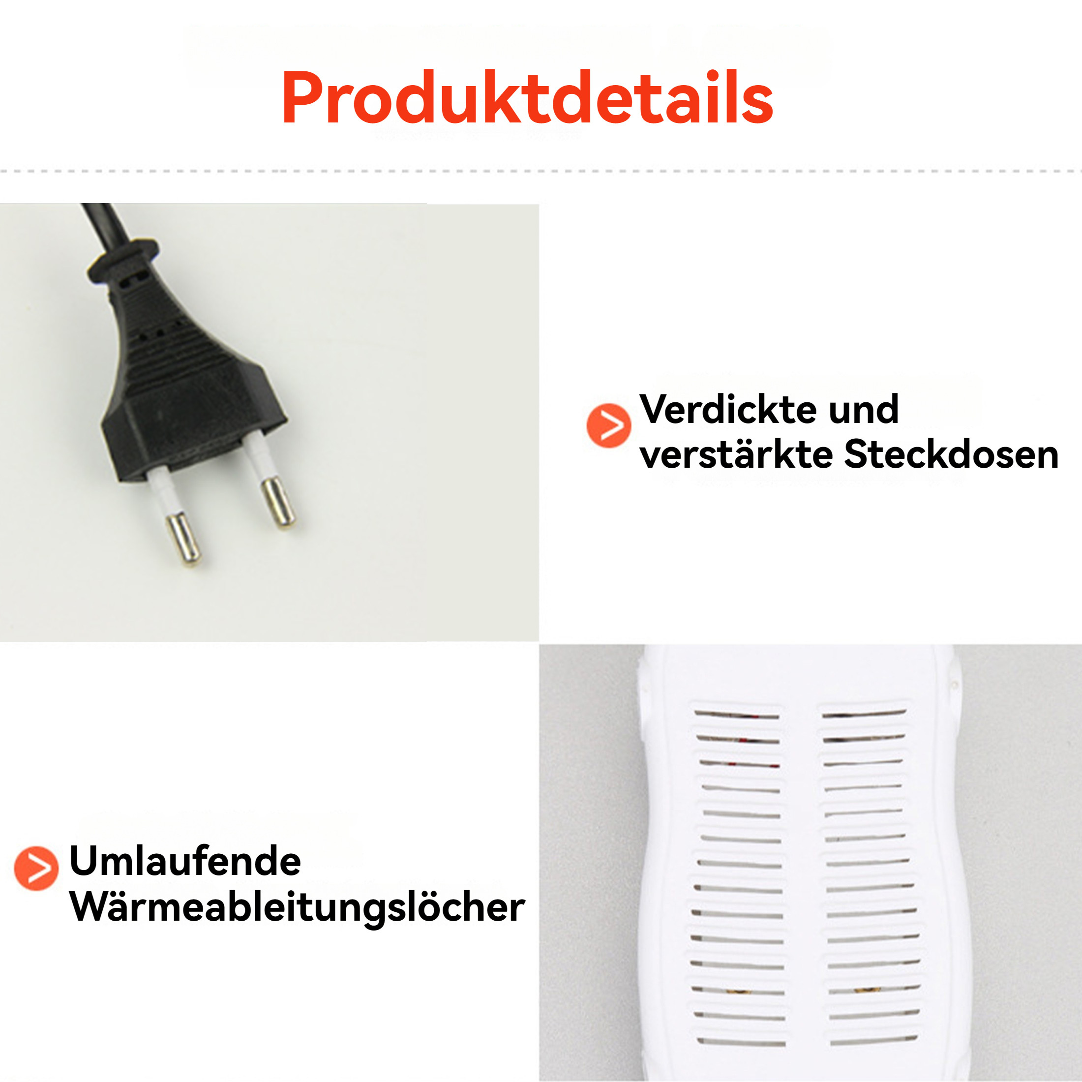 Das Bild zeigt Produktdetails, darunter einen Stecker, Text und ein weißes Gerät mit Lüftungsschlitzen.
