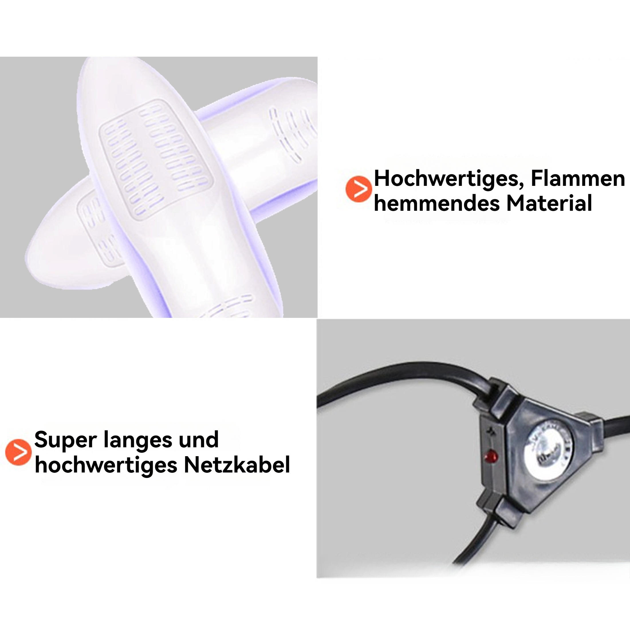 Das Bild zeigt Schuheinlagen, Text über flammhemmendes Material und ein langes Netzkabel mit Licht.