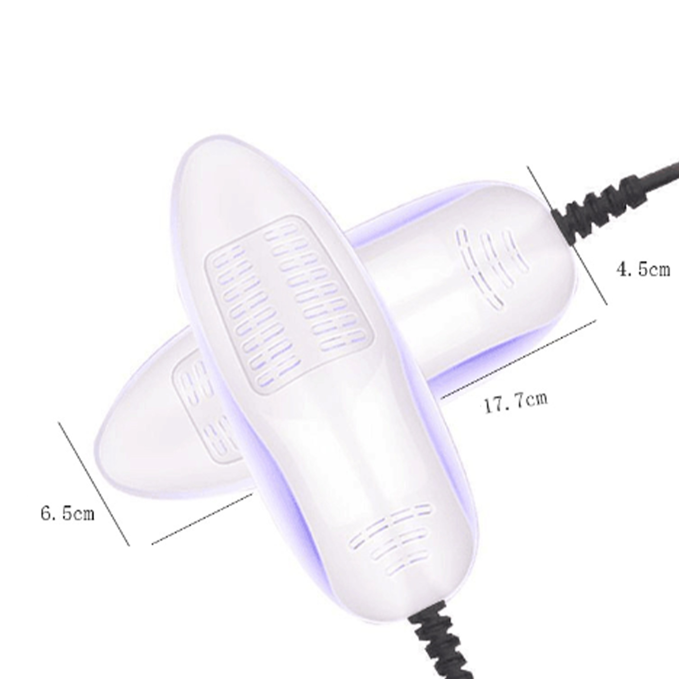 Zwei weiße, fußförmige Desinfektionsmittel mit schwarzen Kabeln. Maße: 17,7 cm, 6,5 cm und 4,5 cm. Der Hintergrund ist weiß.