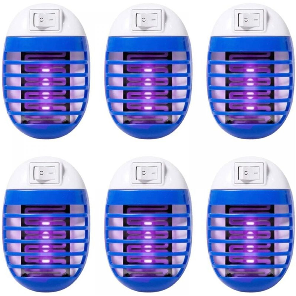 Sechs identische Insektenvernichter. Jeder hat eine weiße Oberseite, einen blauen Rahmen und ein violett leuchtendes Licht im Inneren. Oben befindet sich ein Schalter.