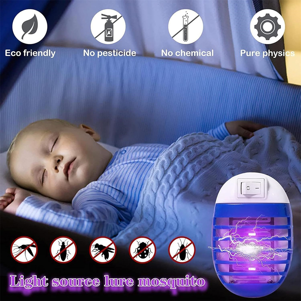 Ein schlafendes Baby in einem Kinderbett mit einer Moskitofalle. Text enthält 'Umweltfreundlich', 'Kein Pestizid', 'Keine Chemikalien' und 'Reine Physik'.