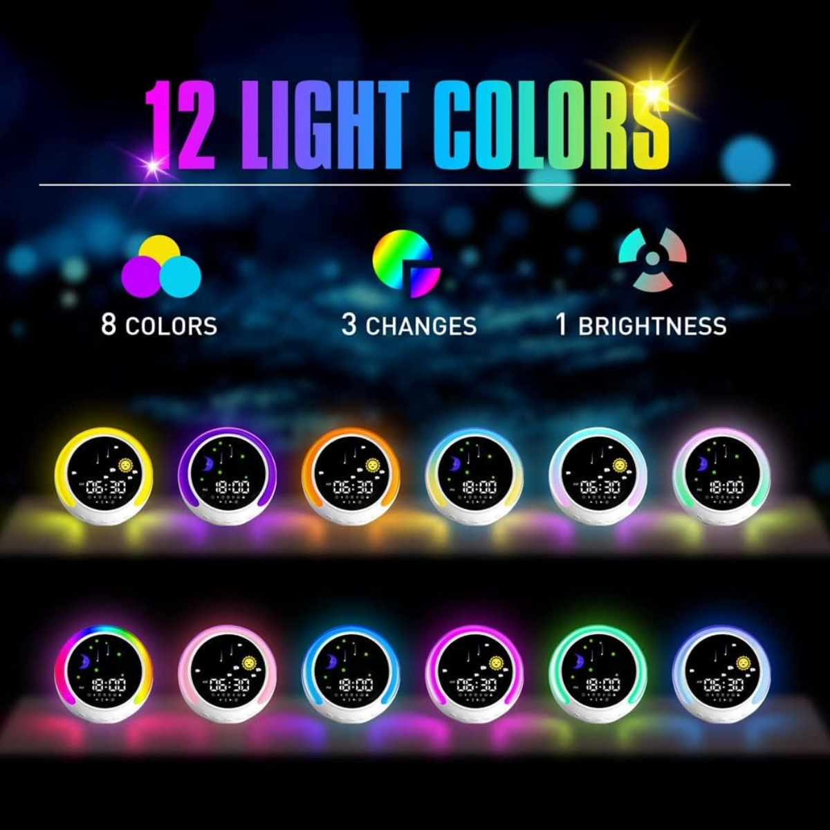 Das Bild zeigt 12 Lichtfarben, 8 Farben, 3 Änderungen und 1 Helligkeit. Uhren mit unterschiedlichen Farblichtern sind in Reihen angeordnet.