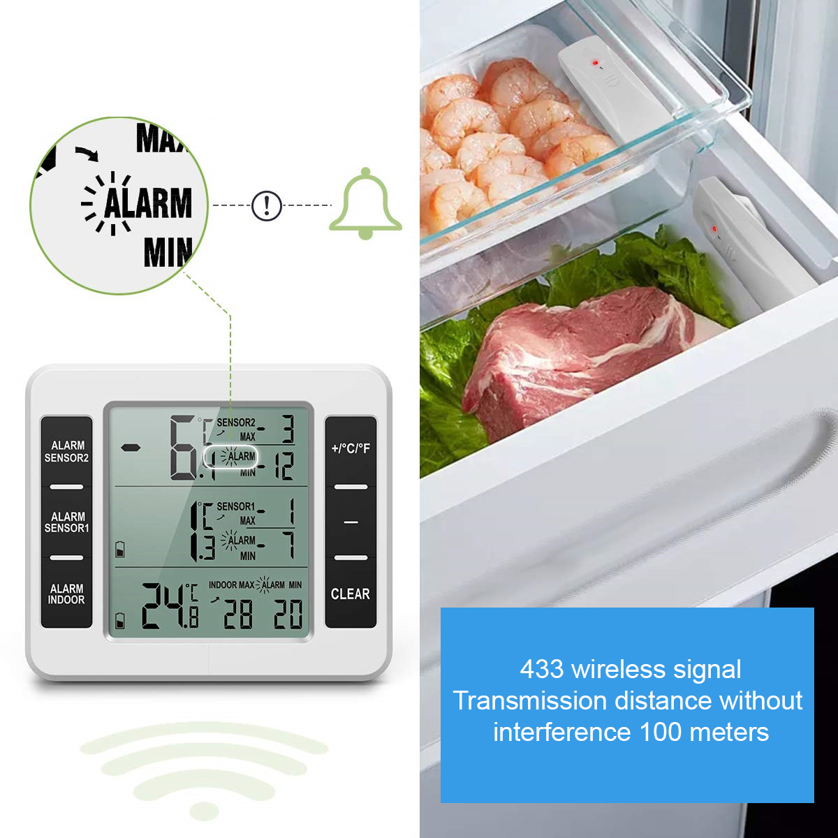 Ein Kühlschrank mit digitaler Anzeige, die Temperatur, Garnelen und Fleisch anzeigt. Alarm-Symbole werden angezeigt.