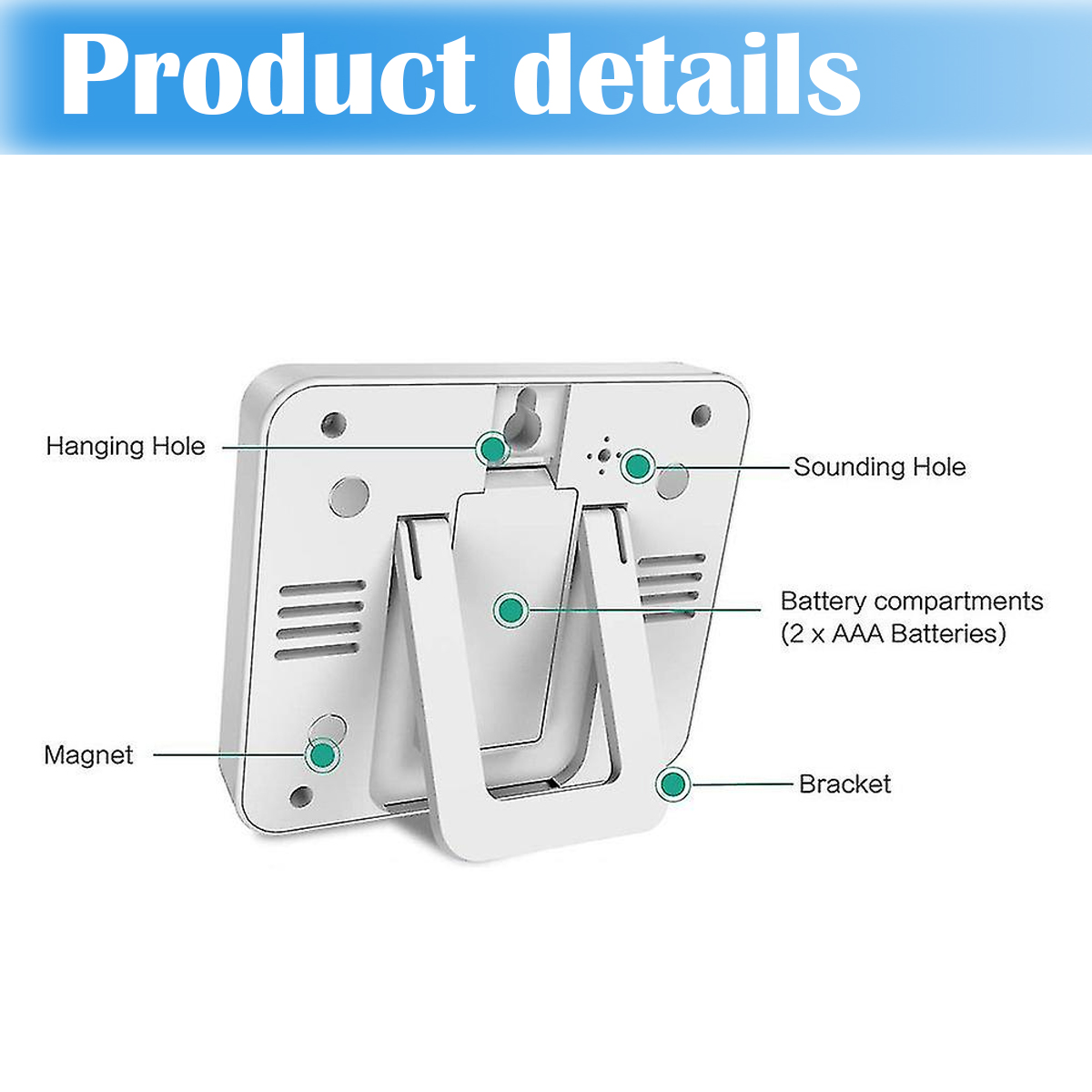 Ein weißer Timer mit beschrifteten Teilen: Aufhängeloch, Schallloch, Batteriefächer, Halterung und Magnet. Produktdetails oben.