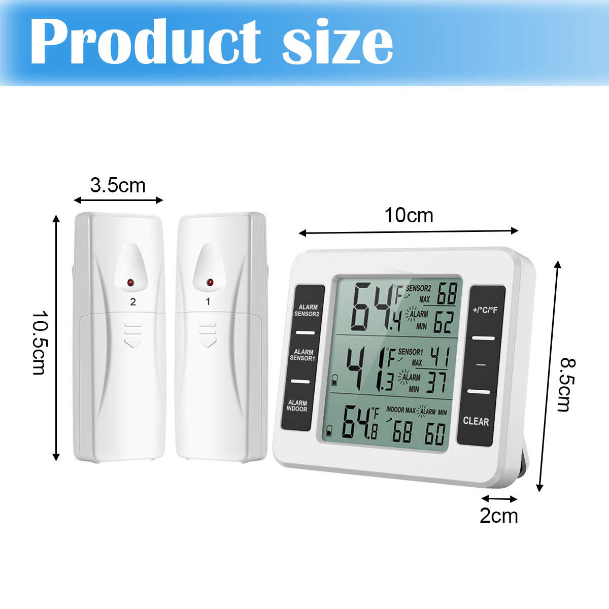 Ein weißes Digitalthermometer und zwei weiße Sensoren. Abmessungen sind beschriftet. Das Thermometer zeigt Temperatur- und Feuchtigkeitswerte an.