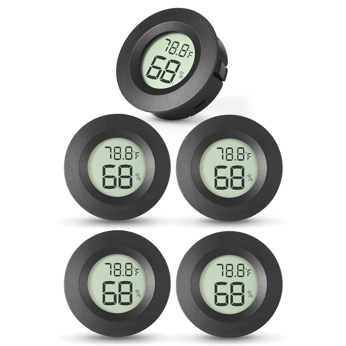 Fünf schwarze, kreisförmige Digitalthermometer, die Temperatur- und Feuchtigkeitswerte anzeigen. Jedes zeigt 78,8°F und 68% an.