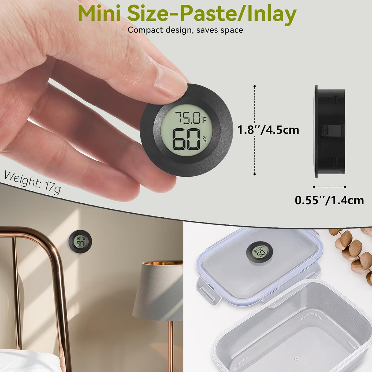 Eine Hand hält ein Mini-Digitalthermometer mit 75,0 °F und 60 %. Andere Bilder zeigen die Verwendung in verschiedenen Umgebungen.