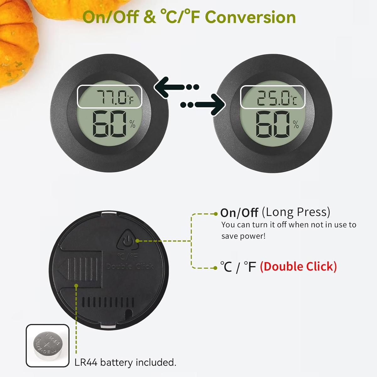 Zwei schwarze Digitalthermometer zeigen Temperatur und Luftfeuchtigkeit an, mit einem Diagramm, das die Strom- und Einheitenumwandlungsfunktionen erklärt.