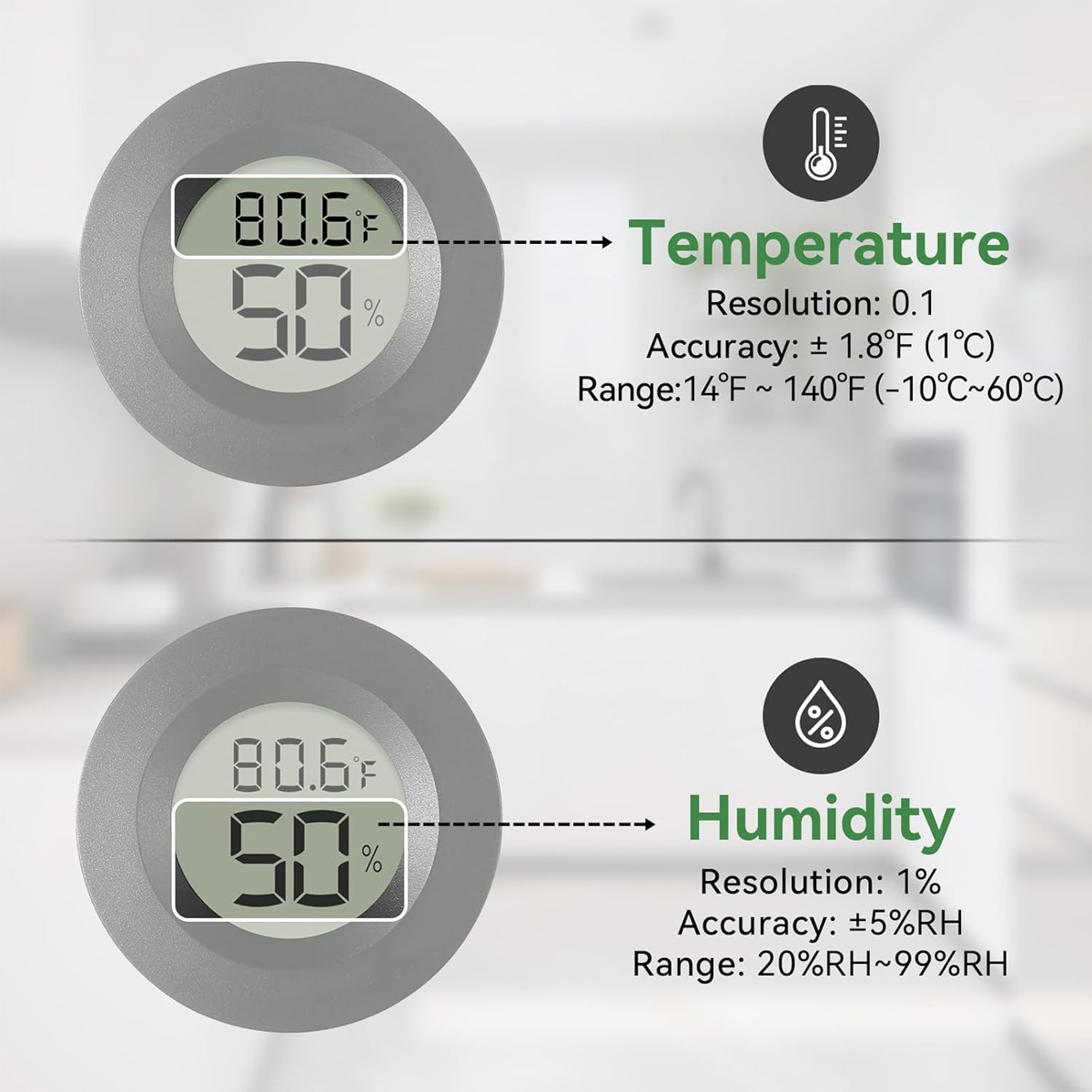 Zwei Digitalanzeigen zeigen 80,6°F und 50%. Eine ist mit Temperatur beschriftet, die andere mit Luftfeuchtigkeit. Details zu Genauigkeit und Bereich sind angegeben.