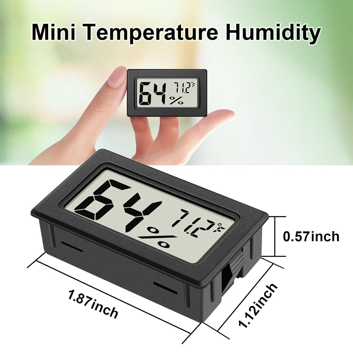 Eine Hand hält ein Mini-Temperatur- und Feuchtigkeits-Digitaldisplay mit 64 %, 71,2 °F. Darunter wird ein ähnliches Gerät mit Abmessungen gezeigt.