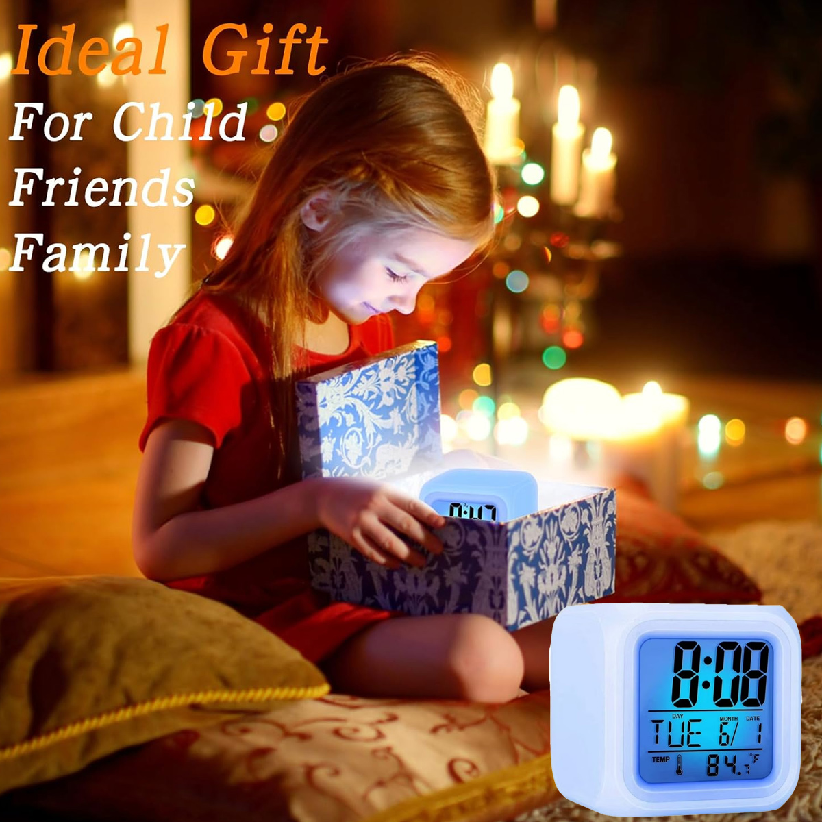 Ein Mädchen öffnet eine Geschenkbox mit einer leuchtenden Uhr. Der Text lautet "Ideales Geschenk für Kinder, Freunde, Familie".