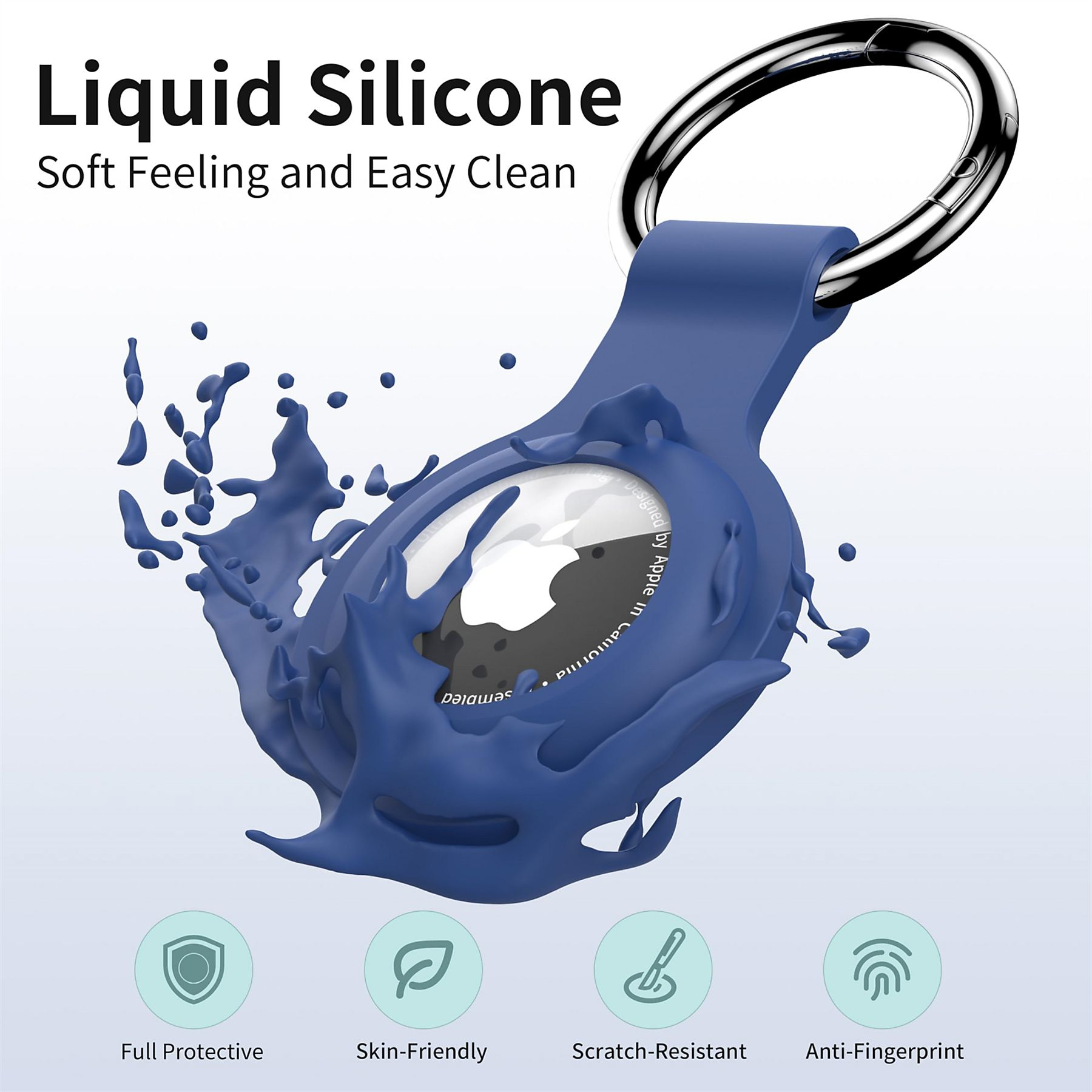 Eine blaue Silikonhülle mit einem silbernen Ring. Die Hülle umschließt ein weißes Apple AirTag. Der Text lautet 'Liquid Silicone'.