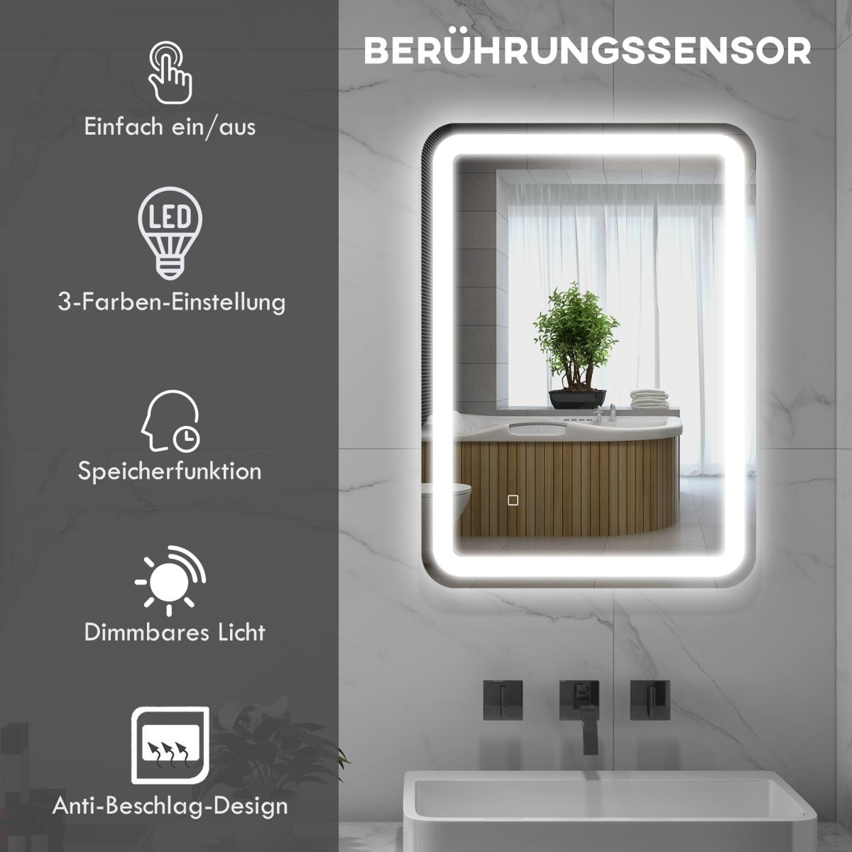 Ein beleuchteter rechteckiger Spiegel reflektiert ein Badezimmer. Merkmale: Berührungssensor, LED-Licht und Antibeschlag.