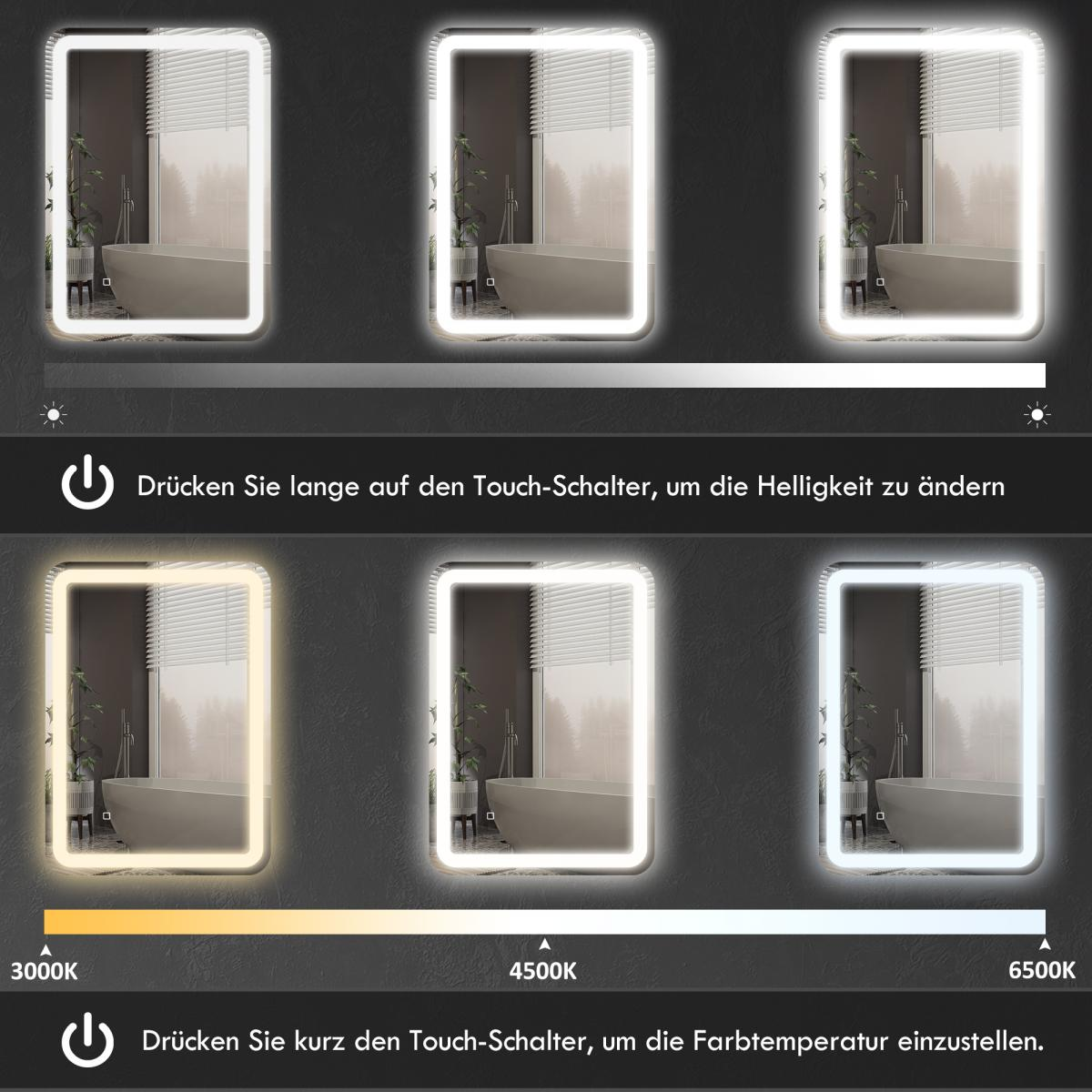 Sechs beleuchtete Spiegel mit unterschiedlicher Helligkeit und Farbtemperatur. Text zeigt, wie man Helligkeit und Farbe ändert.