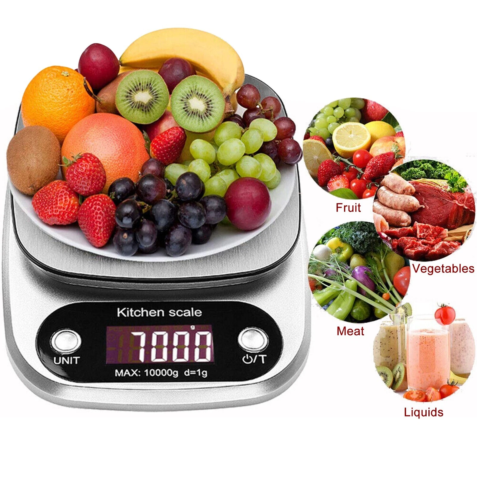 Eine Küchenwaage mit Früchten oben drauf. Enthält Trauben, Erdbeeren, Kiwis und Bananen. Außerdem Bilder von Obst, Gemüse, Fleisch und Flüssigkeiten.