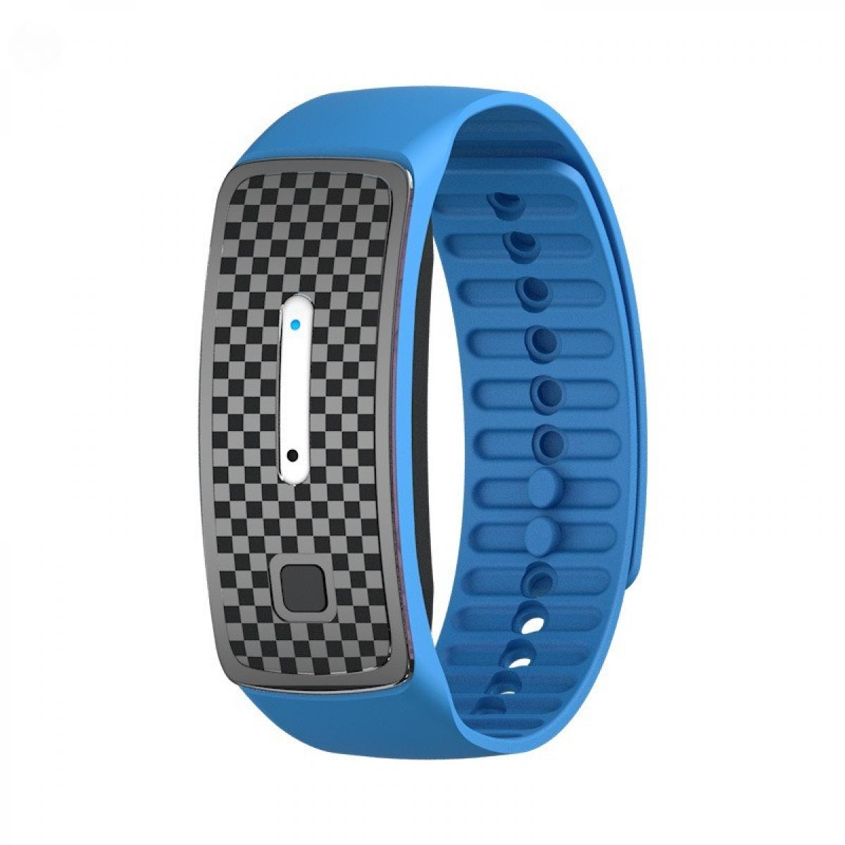 Ein blauer Fitnesstracker mit kariertem Display. Es hat einen rechteckigen Bildschirm mit einem Knopf und einem blauen Armband. Weißer Hintergrund.