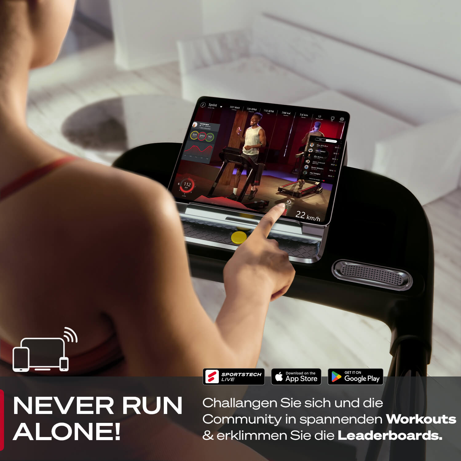 Frau auf einem Laufband, berührt ein Tablet mit Trainingsdaten. Das Tablet zeigt einen virtuellen Läufer und Statistiken.