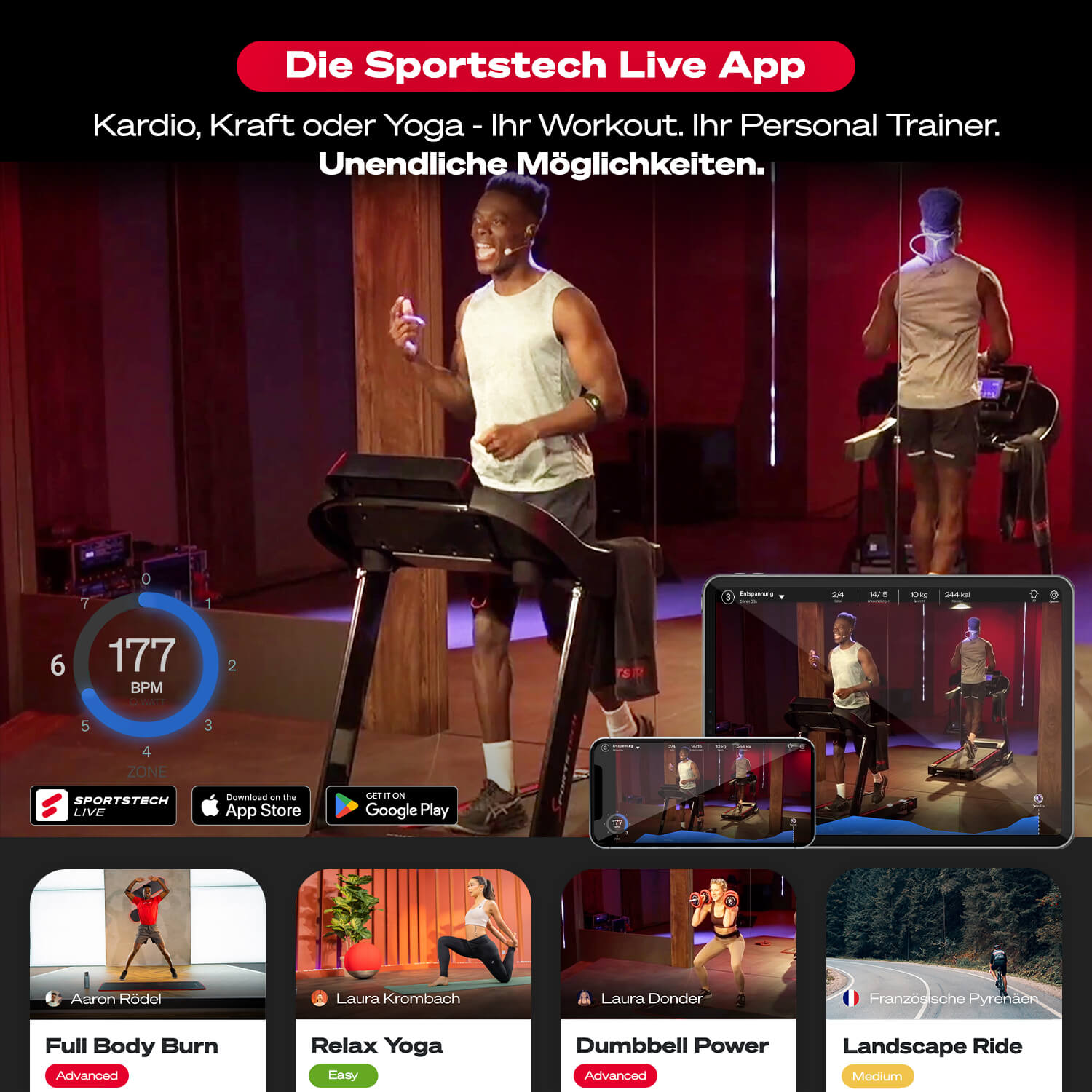 Mann auf Laufband, Bildschirm zeigt Trainingsdaten. App-Symbole. Andere Trainingsvideos gezeigt. Text sagt Sportstech Live App.