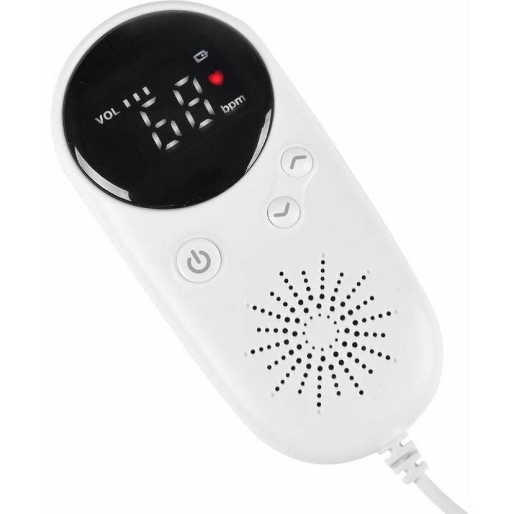 Ein weißes fetales Dopplergerät zeigt 68 bpm an. Es hat einen runden Bildschirm, Knöpfe und einen Lautsprecher. Ein Kabel geht vom Boden aus.