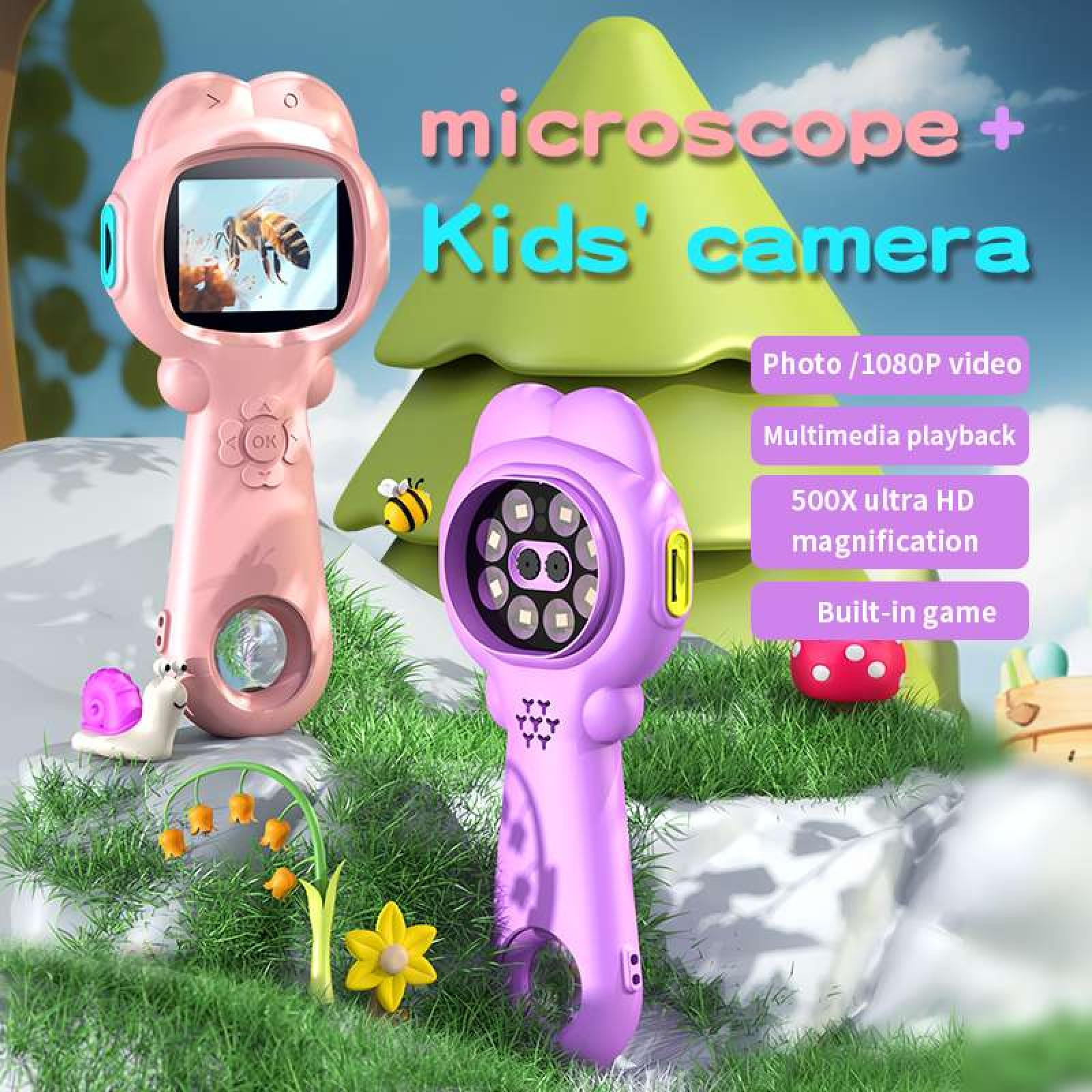 Zwei Spielzeugkameras, rosa und lila, auf Gras. Der Text lautet "Mikroskop + Kinderkamera". Außerdem sind eine Biene, eine Schnecke und eine Blume vorhanden.